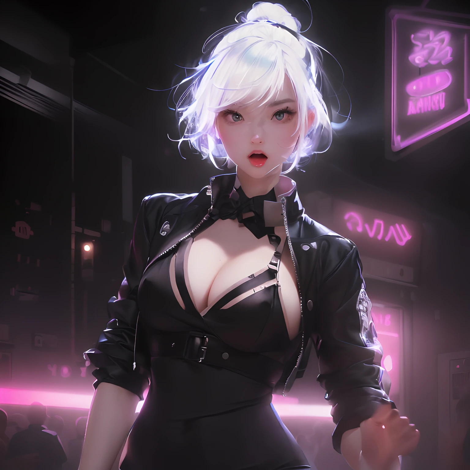 perfect body proportions, Dancing beautiful girl, frowning eyebrows, Open mouth, tongue, Awkward gestures, Small face proportions (Eighth Rank), large full breasts, , Smooth and pronounced waist, Huge pelvis, plump butt, Dazzlingly white skin, Naughty posture, Seductive gestures, Wearing this and that, Random outfits to match the nightclub,see -through (Exposing : random), Dress that is quite revealing, neon sign, Brilliant lighting,club, Random hair color and hairstyle