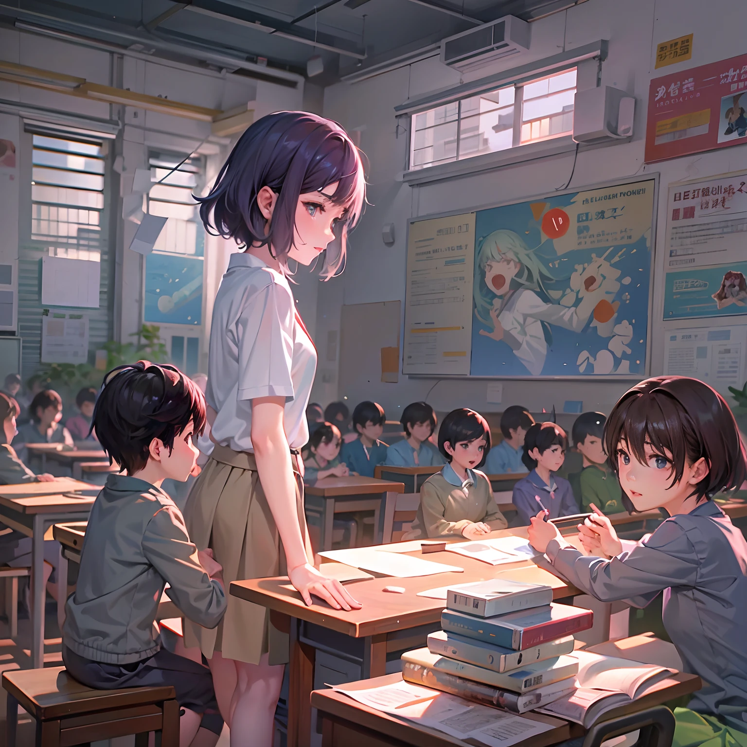 1. The teacher stands on the podium,Anime children sitting at a table,There are teachers in front of you, childrens art in artstation, atey ghailan 8 k, author:Zhang Shengqi, typical anime classroom, Classe escolar, author:Lee Jeon-suk, ( ( Makoto Shinkai ) ), studio glibly makoto shinkai, author:yanjun cheng, author:Kim Jong-hee