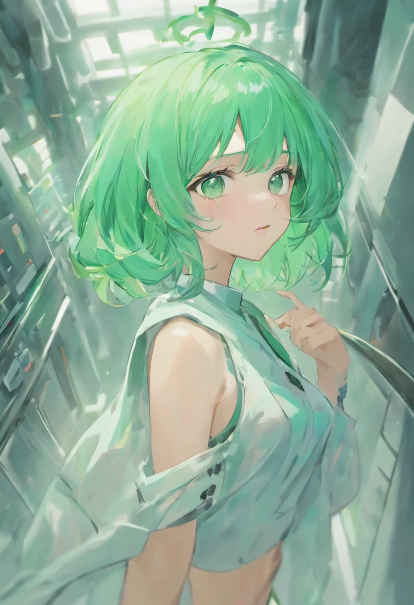bobcut, mint hair, pov, color: white/green, face retouch, skin-chrome, detailed, cyber-augmented, artistic, scientist, hypnotist, sexy, full body, hypnotist, model, athletic trainer,