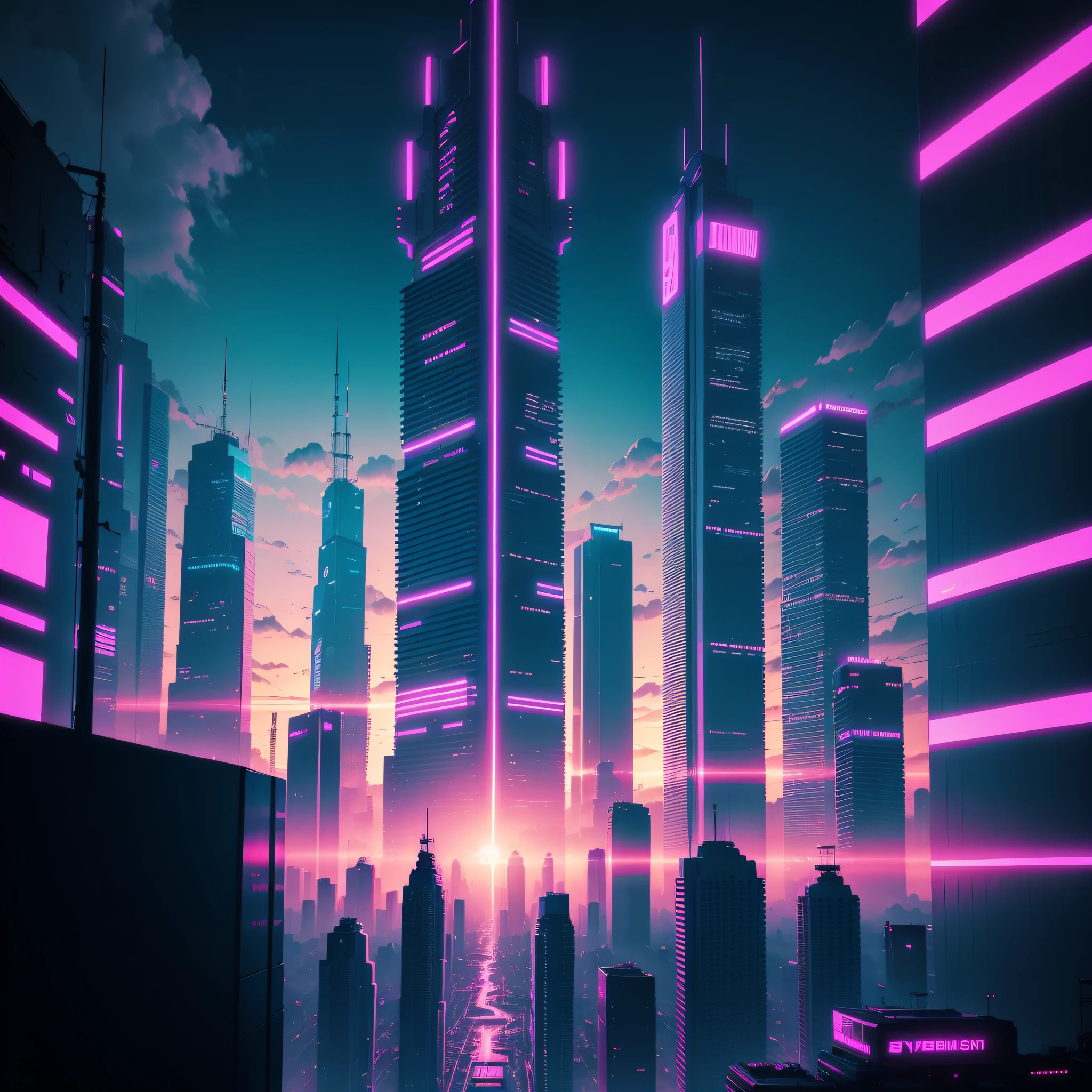 cyberpunk style background, neon city, synthwave, anime style, city from distance, sunset sky