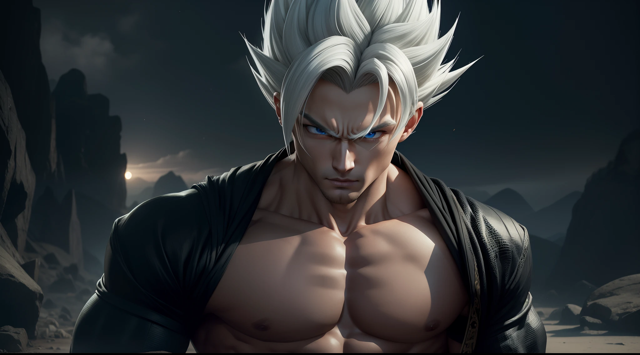 A true masterpiece of masculine beauty. gohan, super sayagin 5, 20 years old, Wears full martial arts gear and fights alone in a haunted and abandoned city, solo. Moonlight accentuates muscles just right. The landscape is lush and mysterious, with a strange planet. The camera details everything. When looking at beautiful eyes, attractive blue eyes facing the viewer, one can clearly see every small detail, every perfect line, every detail of beautiful 8K skin, everyone is captivated by the beauty. mesmerized. Confidence radiates from every look. His head has white hair and his face is meticulously depicted in every detail in 8K quality images. Is a character in the Dragon Ball Seven series.​