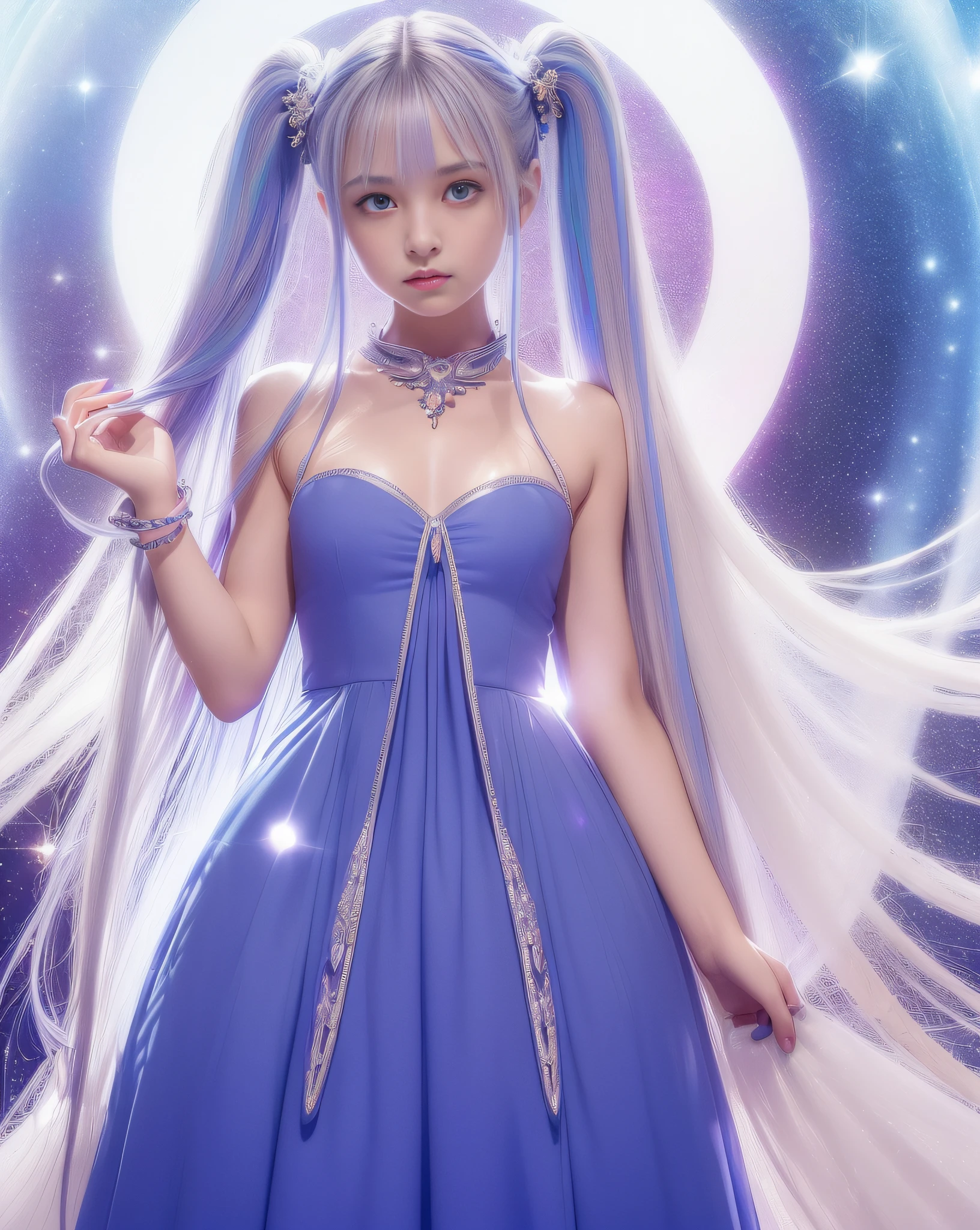 An ultra-high picture quality、(((full body Esbian)))、frontage、bilaterally symmetrical、((The background is a very dark Milky Way))、(((Planktonic)))、colourfull、muitoﾘｱﾙHuman texture、 ((( very cute beautiful skinny prague white girl)))、((Very white skin of a 14-year-old uca girlth transparent blood vessels showing through))、(((very long and high nose of a white woman,,,,,,,,,,,,,,,,,,,,,,,,,,,,,,,,,,,,)))、(((Under the short nose)))、(((no-makeup)))、( Height 164 cm、head length 20 cm、leg length 82 centimeters,)、Normal shoulder width、Long arms、Long Torso、long neck、Long below the knee、Thin little face、Natural double eyelids、 (1girl in:1.3),  Light persona, Dark Persona, mind control, fractral, ceiling, Artistic background, Geometric, organics, blessings, favor, noble, unfolded, elucidation, antigravity, Antimatter, holy, Sacred, spiritual, Dignified, Luminescent, Holographic, About Magic Circle, photons, scales, Beak,(artistic)、(((The most fantastic bright blue-violet brightly colored eyebrows))),,(((Glittering pale light blue silver hair and eyebrows)))、(((Super luxurious see-through Western style long dress with plenty of luxury accessories)))、(((Beautiful white skin with hair and pores,)))、(((Extremely delicate and brightly colored targets)))、(((Beautiful glowing caucasian woman with bright light blue iris iris eye with ultra high definition pattern)))、(((I love you))),(((Small drooping eyes with a gentle feeling)))、(((very thin eyelashes,,,,,,,,,,)))、(((Realistic naked eye)))、High Definition Lip、(((Cute girlish hairstyle spreads softly....................................)))、(((A Princess)))、(((large chest directed upwards in a very three-dimensional pointed shape,,,,,,,,,,,,,,,,,,,,,,,,,,,,,,,,,,,,,,,,,,,,,,,)))、(((Dreams)))、(((Your imagination)))、(((Fluffy High Half Twin Tail Hair)))、Luxurious Princess Tiara、Luxury Princess Necklace、(((Looking at the camera)))、(((A gaze to look here)))、((With movement))、One face