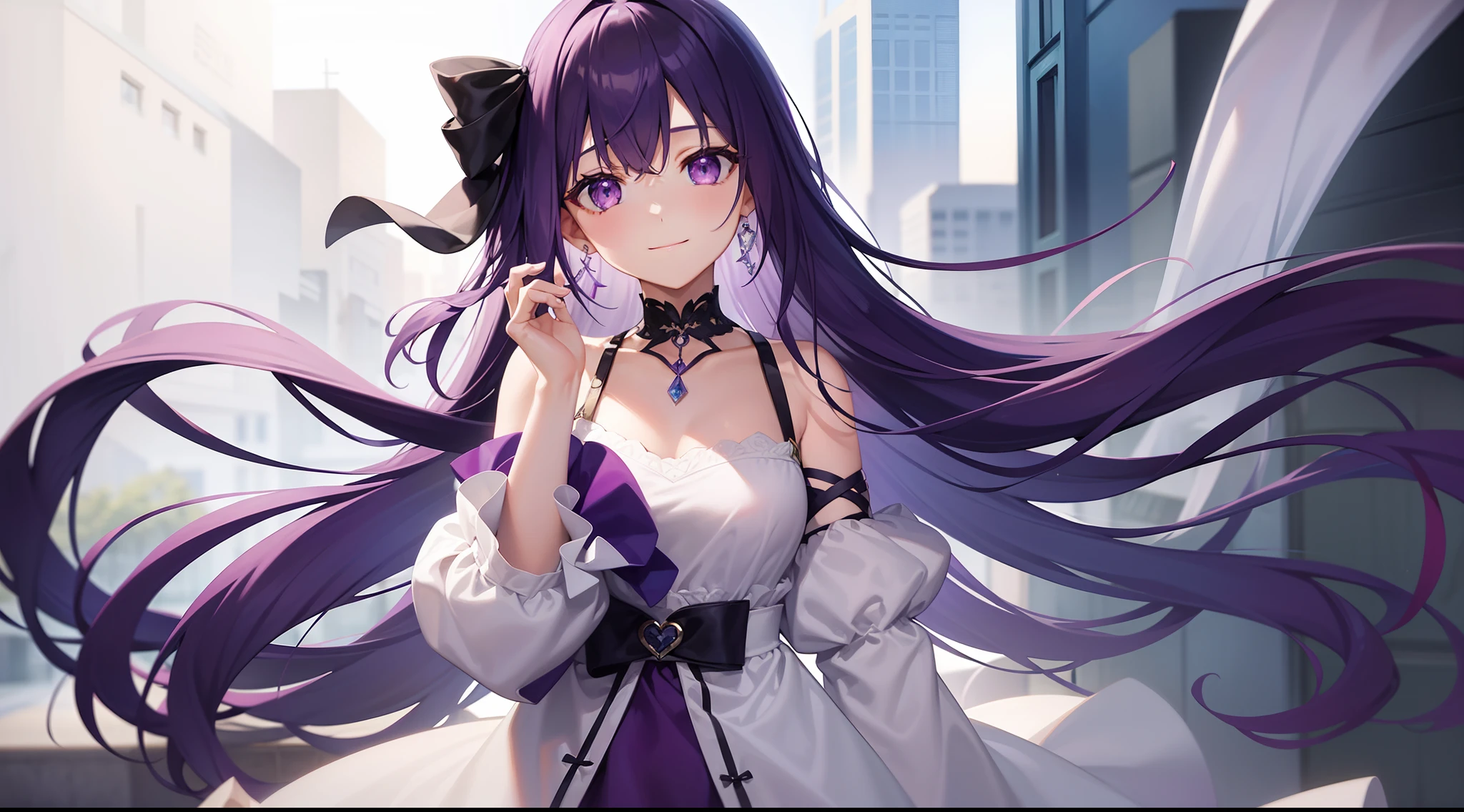{1girl}, {jewelry}, {purple_hair}, {long_hair}, {purple_eyes}, {blurry_background}, {solo}, {smile}, {bangs}, {necklace}, {short_sleeves}, {depth_of_field}, ribbon, food, earrings, looking_at_viewer, hair_ribbon