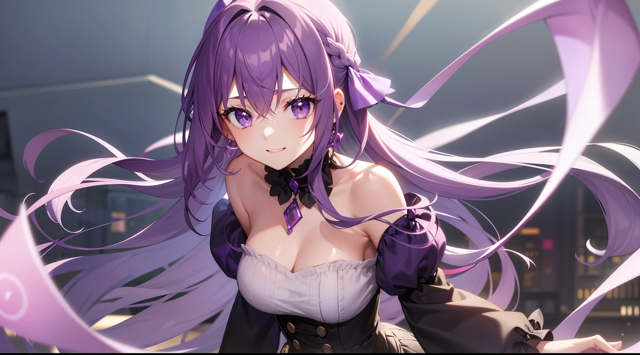 {1girl}, {jewelry}, {purple_hair}, {long_hair}, {purple_eyes}, {blurry_background}, {solo}, {smile}, {bangs}, {necklace}, {short_sleeves}, {depth_of_field}, ribbon, food, earrings, looking_at_viewer, hair_ribbon