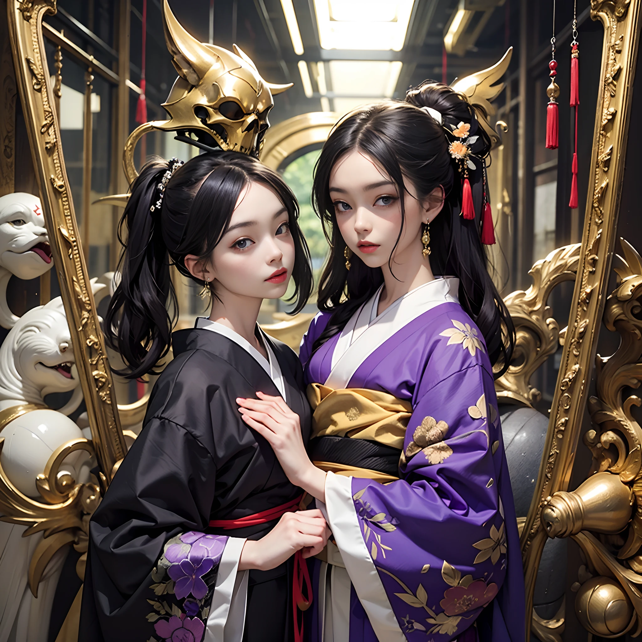 Black kimono Purple band golden embroidery、one girls、odd eye、watching at viewers