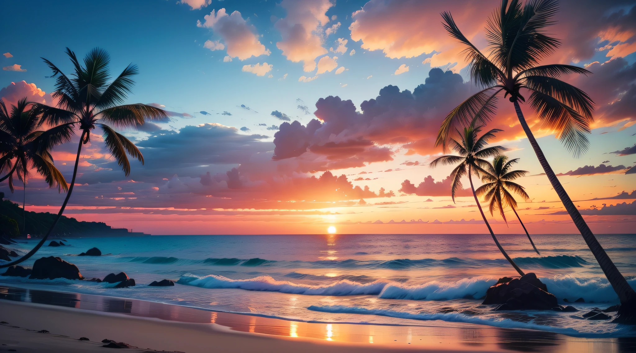 Arara view of a beach with palm trees and a sunset, tropical beach paradise, beach sunset background, tropical paradise, colorful sunset, which shows a beach at sunset, beautiful sunset, sunset at the beach, reflexos cor-de-rosa, breathtaking colors, pink sunset, praia tropical, sunset at the beach, stunning sunset, beautiful sunset glow, pastel sunset, fundo bonito