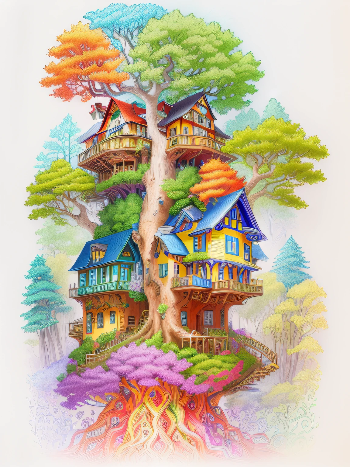 a drawing of a house with a tree on top of it, colourful!! highly detailed, enchanted forest tower, full color drawing, colorfull illustration, very detailed and colorful, colorful illustration, colored-pen drawing, colored drawing, colored sketch, fantasy house, highly detailed and colored, colored illustration, tree town, colored in, colorful drawing, coloured with lots of colour