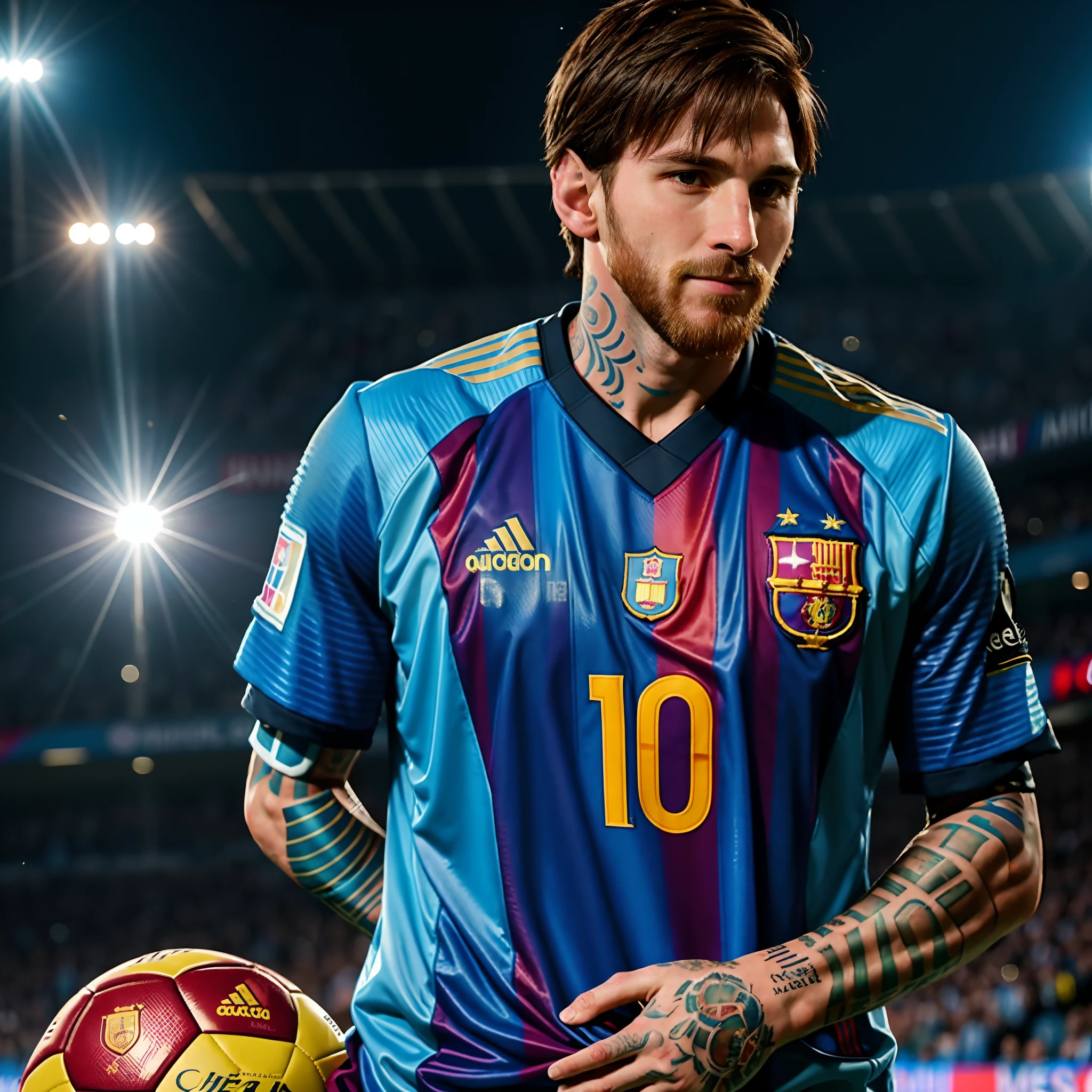 Leonal Messi with a tattoo on his arm and a soccer ball, messi, lionel messi, lionel messi portrait, messi as cyborg, messi as a viking, lionel messi as a muppet, luis melo, the best ever, 🚿🗝📝, 😃😀😄☺🙃😉😗, exclusive, no stipe, end of an era, argentina
