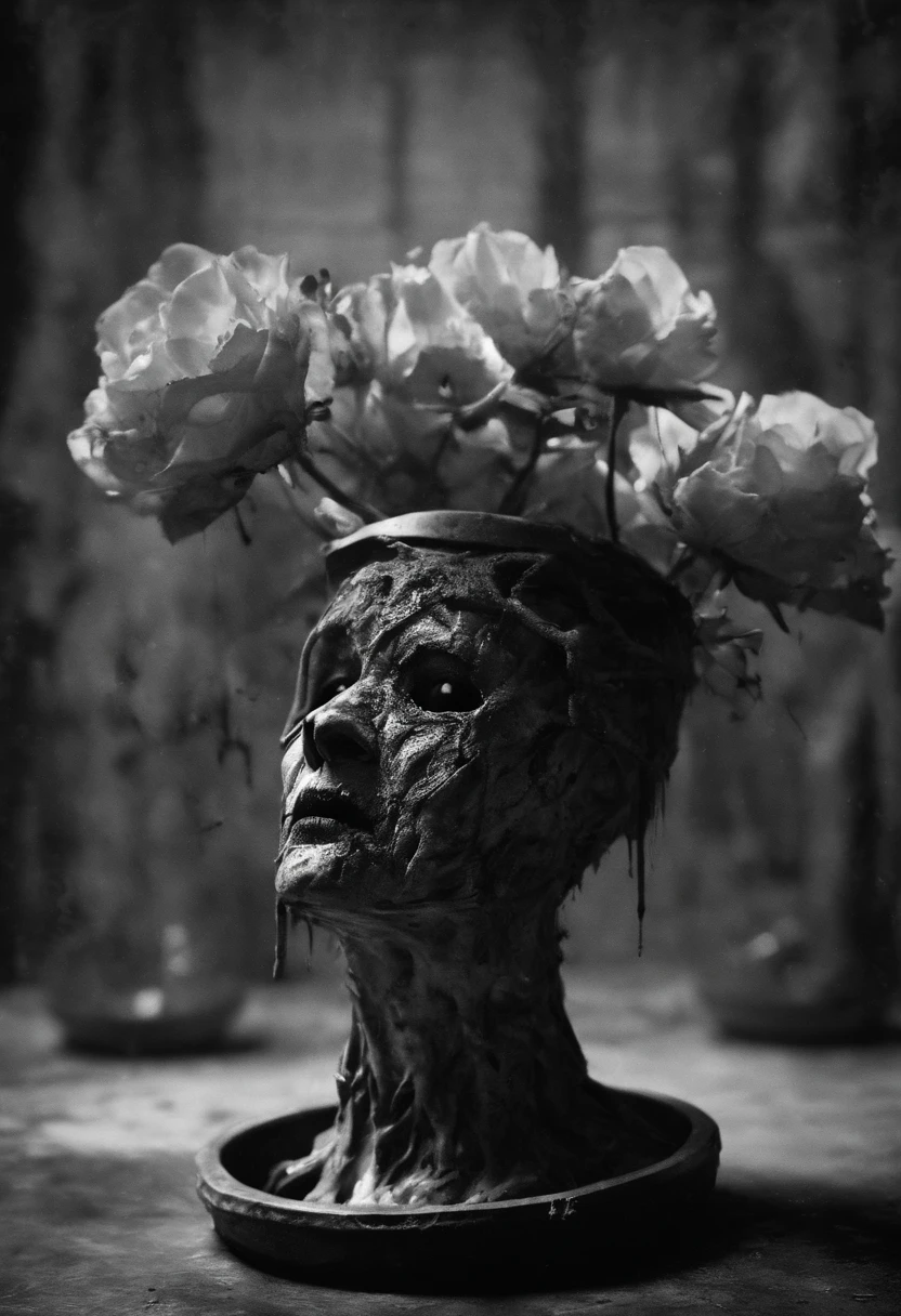 scary picture,Woman's head in a flower pot,No eyeballs,open open mouth,bleed,nigth