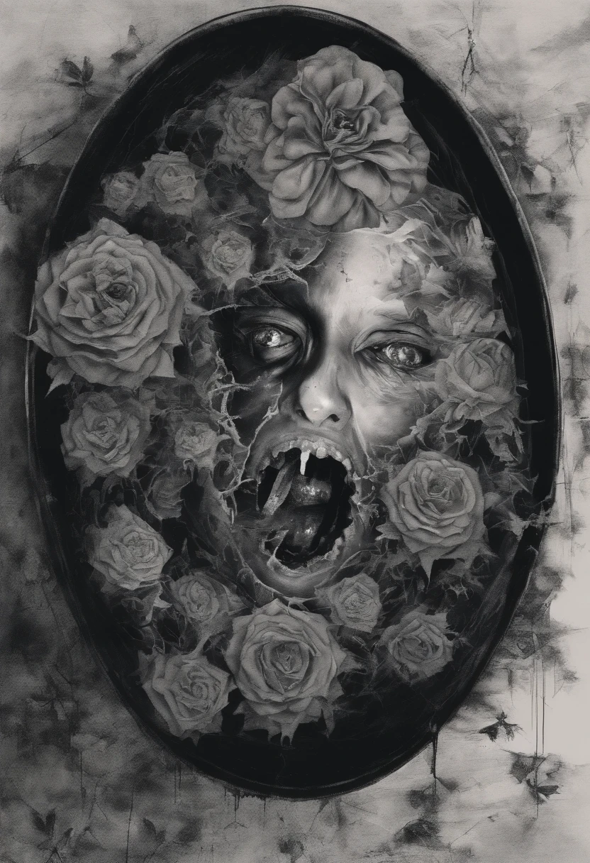 Scary picture，A woman's head in a flower pot，No eyeballs，open open mouth，bleed，nigth
