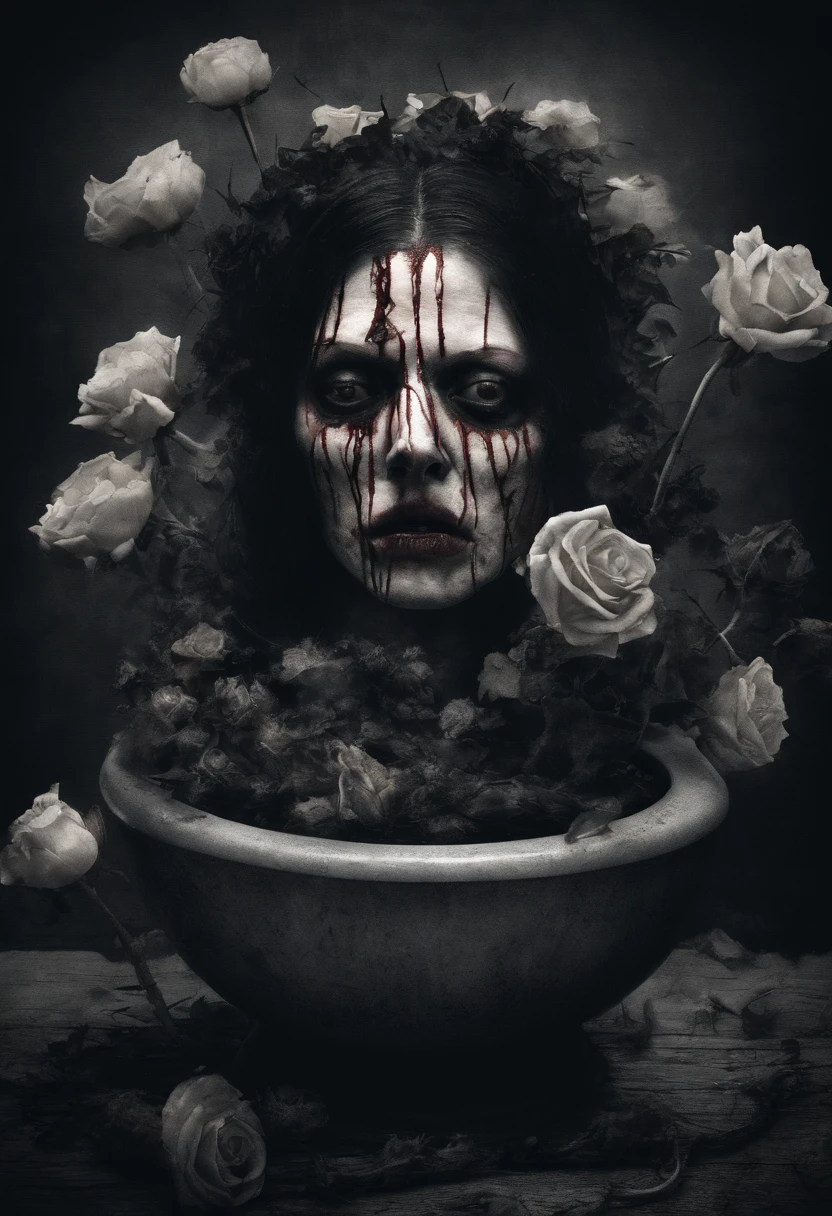 Scary picture，A woman's head in a flower pot，No eyeballs，open open mouth，bleed，nigth