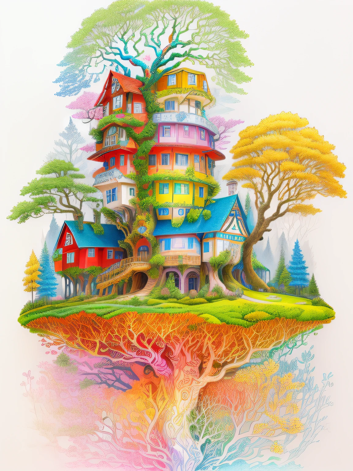 a drawing of a house with a tree on top of it, colourful!! highly detailed, enchanted forest tower, full color drawing, colorfull illustration, very detailed and colorful, colorful illustration, colored-pen drawing, colored drawing, colored sketch, fantasy house, highly detailed and colored, colored illustration, tree town, colored in, colorful drawing, coloured with lots of colour