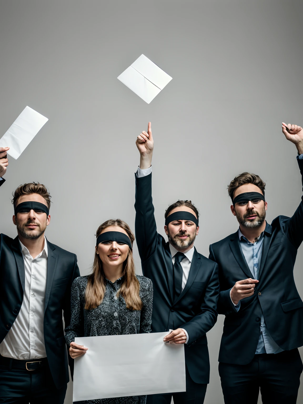 several people, all with their arms raised upwards, holding envelopes in their hands, and blindfolded by a band, holding envelopes in their hands