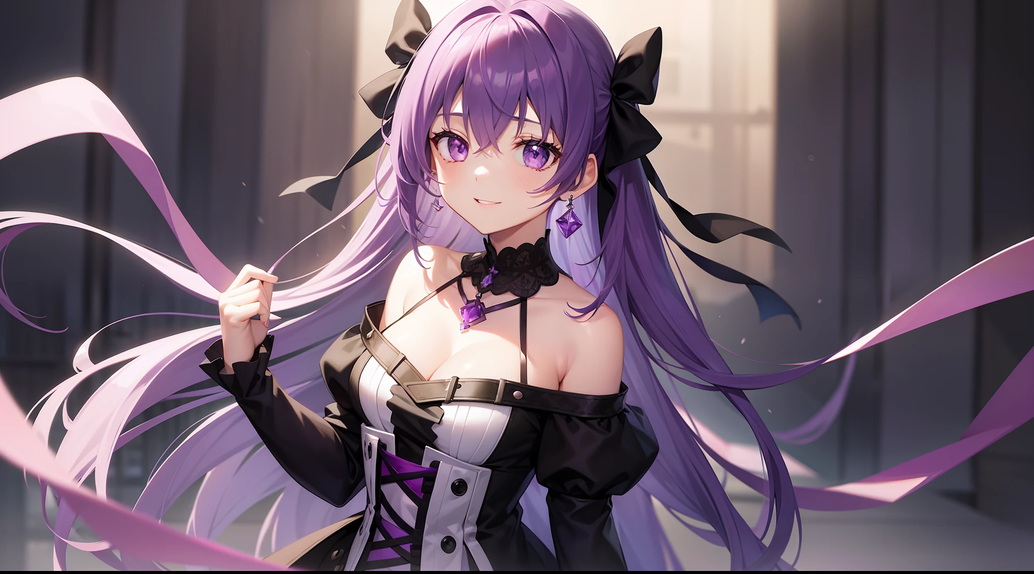 {1girl}, {jewelry}, {purple_hair}, {long_hair}, {purple_eyes}, {blurry_background}, {solo}, {smile}, {bangs}, {necklace}, {short_sleeves}, {depth_of_field}, ribbon, food, earrings, looking_at_viewer, hair_ribbon