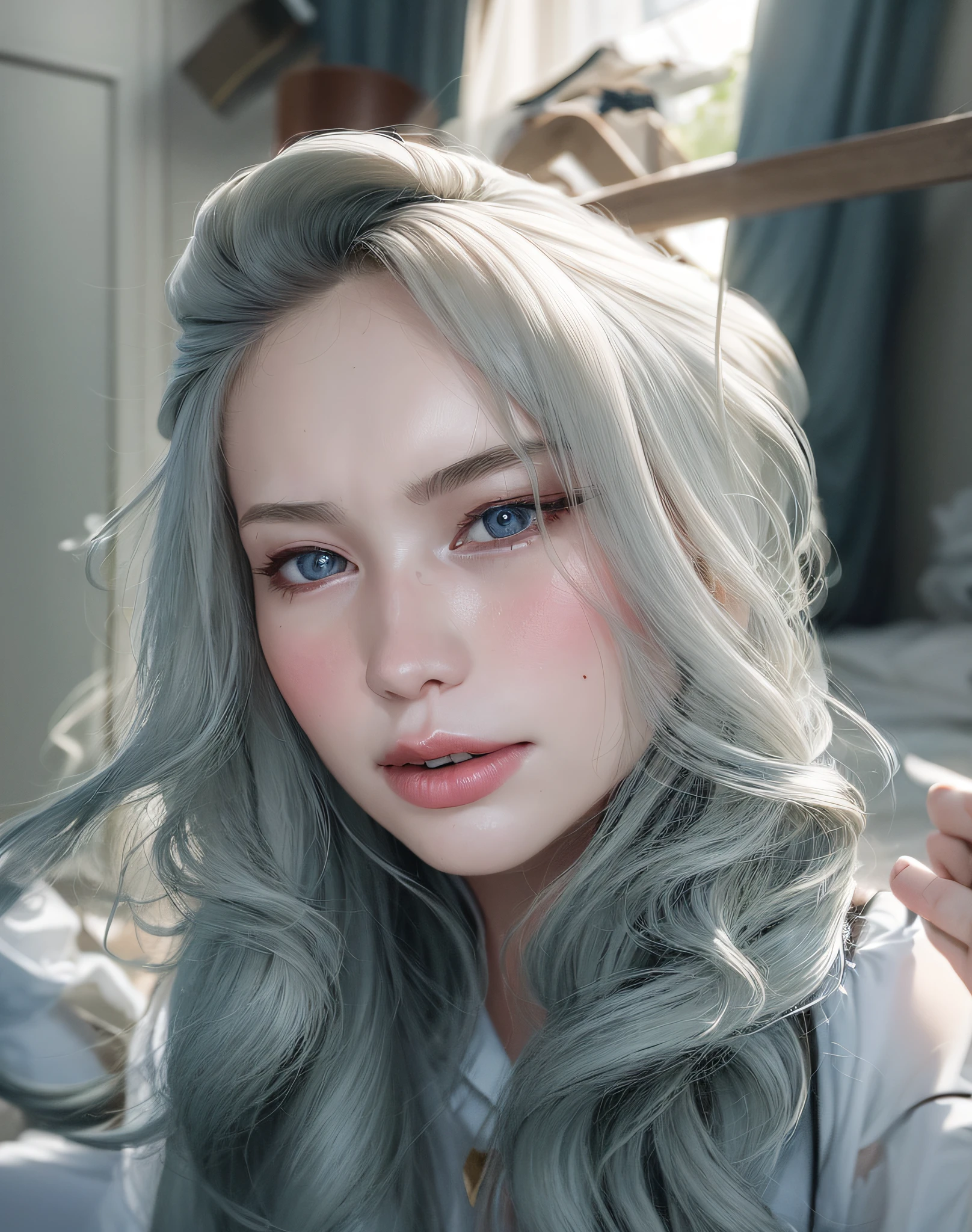 there is a woman with long hair and a white shirt, anna nikonova aka newmilky, yelena belova, dasha taran, anastasia ovchinnikova, olya bossak, 18 years old, without makeup, pokimane, angelina stroganova, leaked image, julia gorokhova, no makeup wavy hair