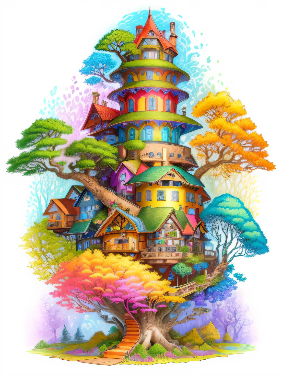 a drawing of a house with a tree on top of it, colourful!! highly detailed, enchanted forest tower, full color drawing, colorfull illustration, very detailed and colorful, colorful illustration, colored-pen drawing, colored drawing, colored sketch, fantasy house, colored illustration, highly detailed and colored, tree town, colored in, colorful drawing, coloured with lots of colour