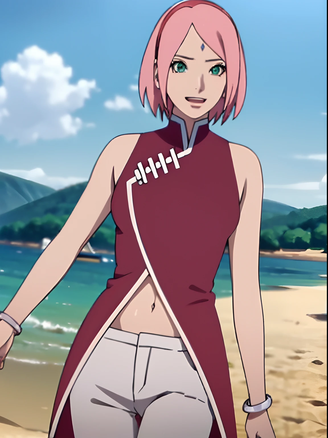 masterpiece, 4k, portrait, cowboy shot, (PLAYGROUND BACKGROUND), professional artwork, intricate details, colorful, digital blending, (ultra detailed body, ultra detail hair, ultra detail face), trending on pixiv, kind smile, best quality, anime style: 1.9, 1girl, hires, haruno sakura, (forehead mark, milf, red hairband, pale skin, (small breasts), short hair, ((red sleeveless dress,), white pants), ((navel, belly button), slender body, slender belly, bracelet, pink hair, open mouth, big eyes), smile, beach, wind, floating hair, detailed arms, off-shoulders, broad shoulders, (((both) hands spreading to both sides)), fancy couch, relaxing, laying, talking, looking at the viewer)))