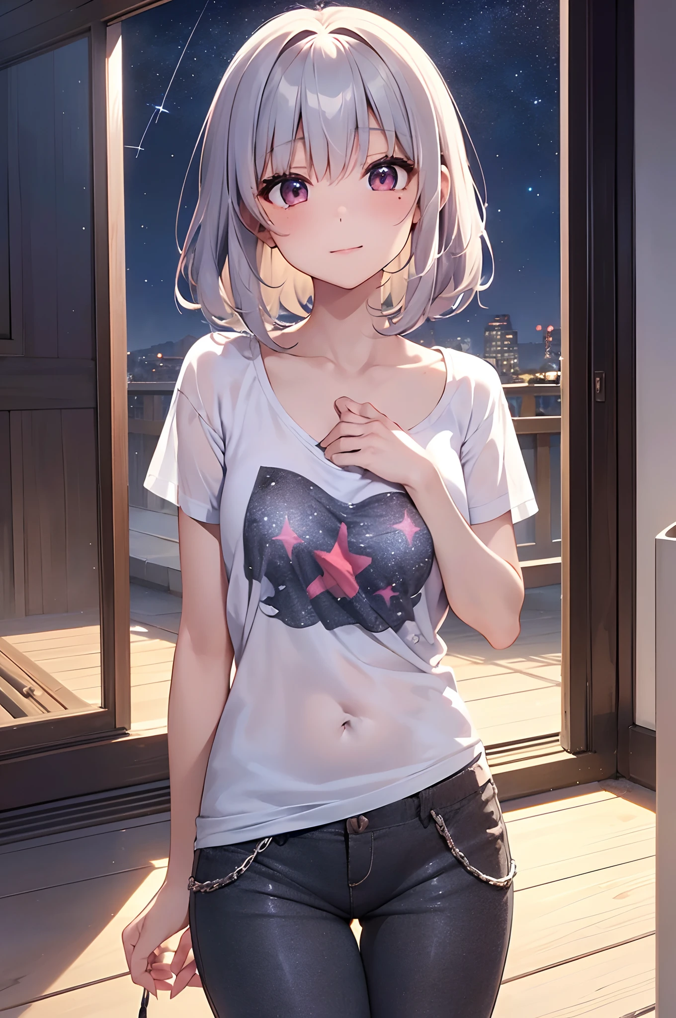 (Girl with a nasty appearance:1.3)、(verandah:1.5)、(and chest:1.4)、Raw photography, top-quality, hight resolution, (masterpiece), (Photorealsitic:1.4), (Mole under the eyes),Anime Cosplay, foco nítido, nffsw, 8K分辨率, intricate detailes, depth of fields, the Extremely Detailed CG Unity 8K Wallpapers, front lit, femele,35 year old、 Pleasant smile、(starrysky:1.5)、see -through、(Medium short silver hair)、(Twilight:1.1),I can see my panties、(Oversized T-shirt and pants:1.3)、(Looking at the stars 1.3)、