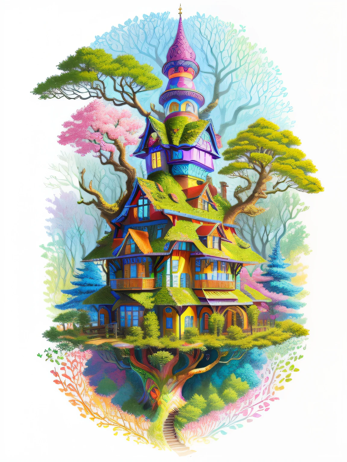a drawing of a house with a tree on top of it, colourful!! highly detailed, enchanted forest tower, full color drawing, colorfull illustration, very detailed and colorful, colorful illustration, colored-pen drawing, colored drawing, colored sketch, fantasy house, colored illustration, highly detailed and colored, tree town, colored in, colorful drawing, coloured with lots of colour
