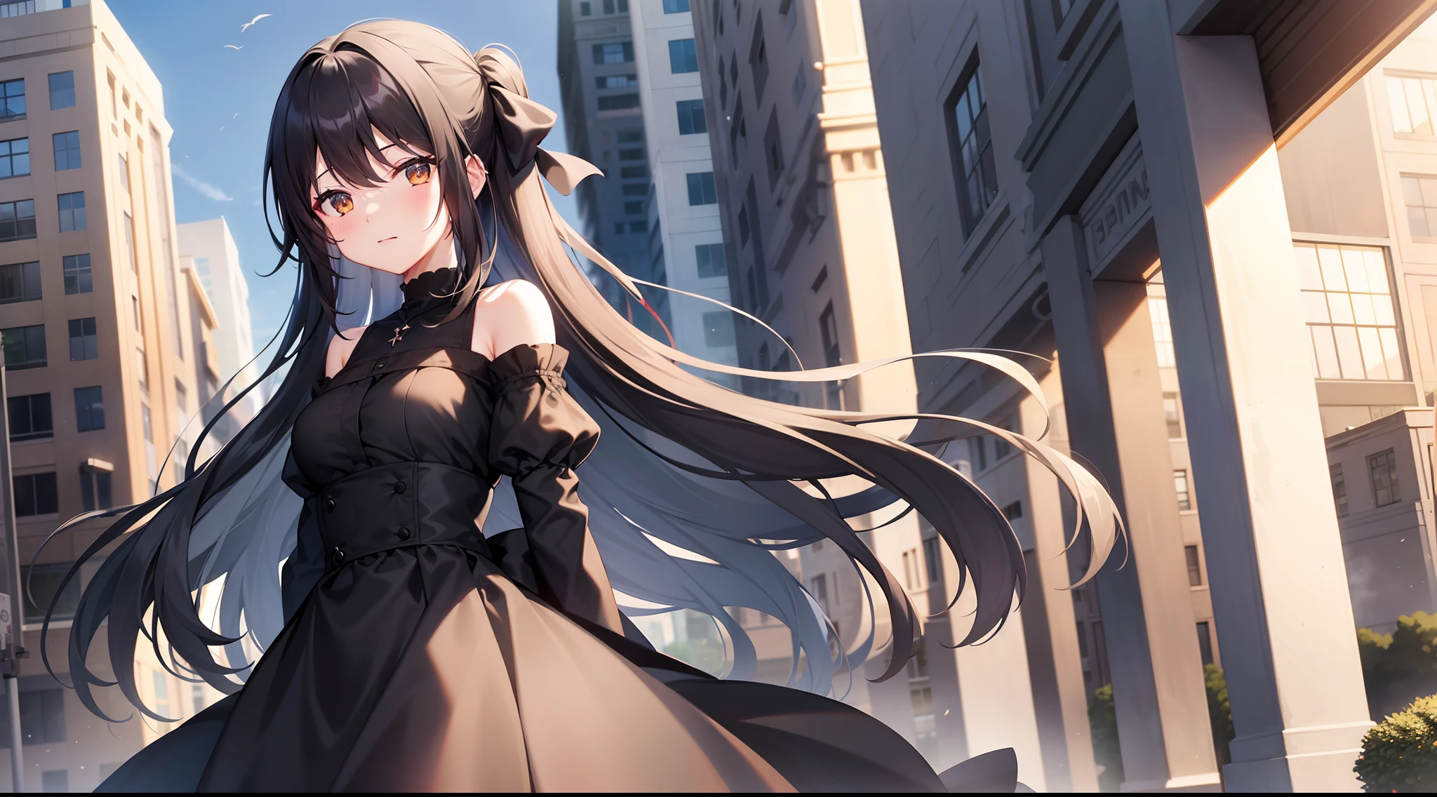{1girl}, {hair_over_one_eye}, {black_hair}, {solo}, {outdoors}, {building}, {black_dress}, {long_sleeves}, {dress}, {long_hair}, {tokisaki_kurumi}, blush, depth_of_field, blurry_background, looking_at_viewer, hair_bow, city