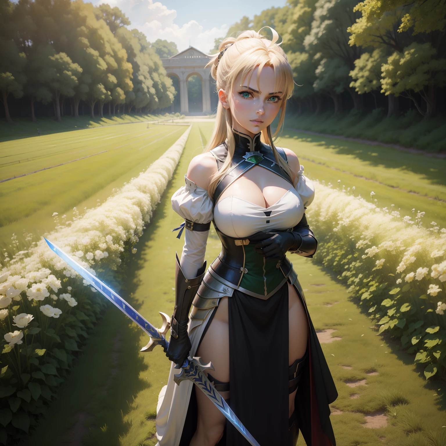 masterpiece, best quality, highres, bbsaber, green eyes, ahoge, field, standing, sword, excalibur \(fate/stay night\), outdoors, cleavage,saber,fate,anime