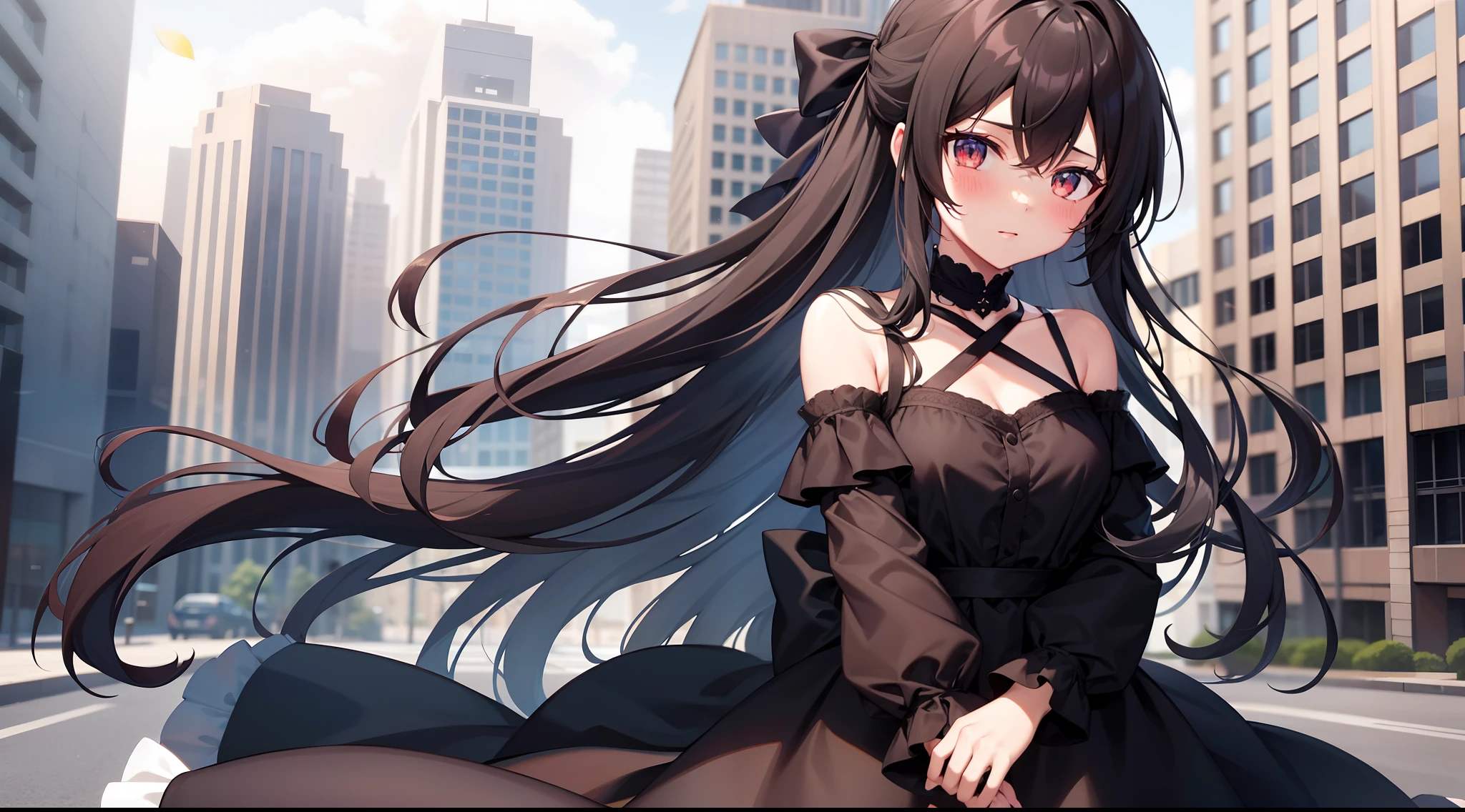 {1girl}, {hair_over_one_eye}, {black_hair}, {solo}, {outdoors}, {building}, {black_dress}, {long_sleeves}, {dress}, {long_hair}, {tokisaki_kurumi}, blush, depth_of_field, blurry_background, looking_at_viewer, hair_bow, city