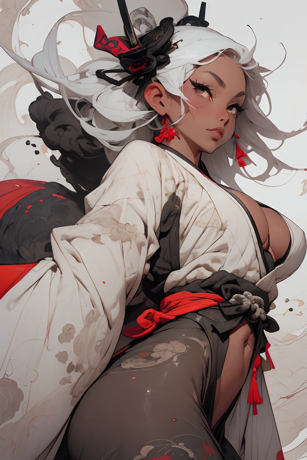 Barefoot woman(30-years old) , (strongly tanned skin:1.7)、 (long white hair:1.5)、(Samurai style black and gold kimono:1.0)、(Smoke pipes)、(Purple smoke)、(abnormally large breasts)、Bare shoulders, Double eyelids, (Gray eyes)、Parted lips,Solo,(cleavage)、delicate and sexy(鎖骨:1.3), (Shiny skin:0.8),(masutepiece:1.4),(Best Quality:1.4),glossy red lips, Perfect Abs, Wet(full of sweat)、low angles, (from below angle), High detailed skin, Skin pores,(Katsushika Hokusai-style background)