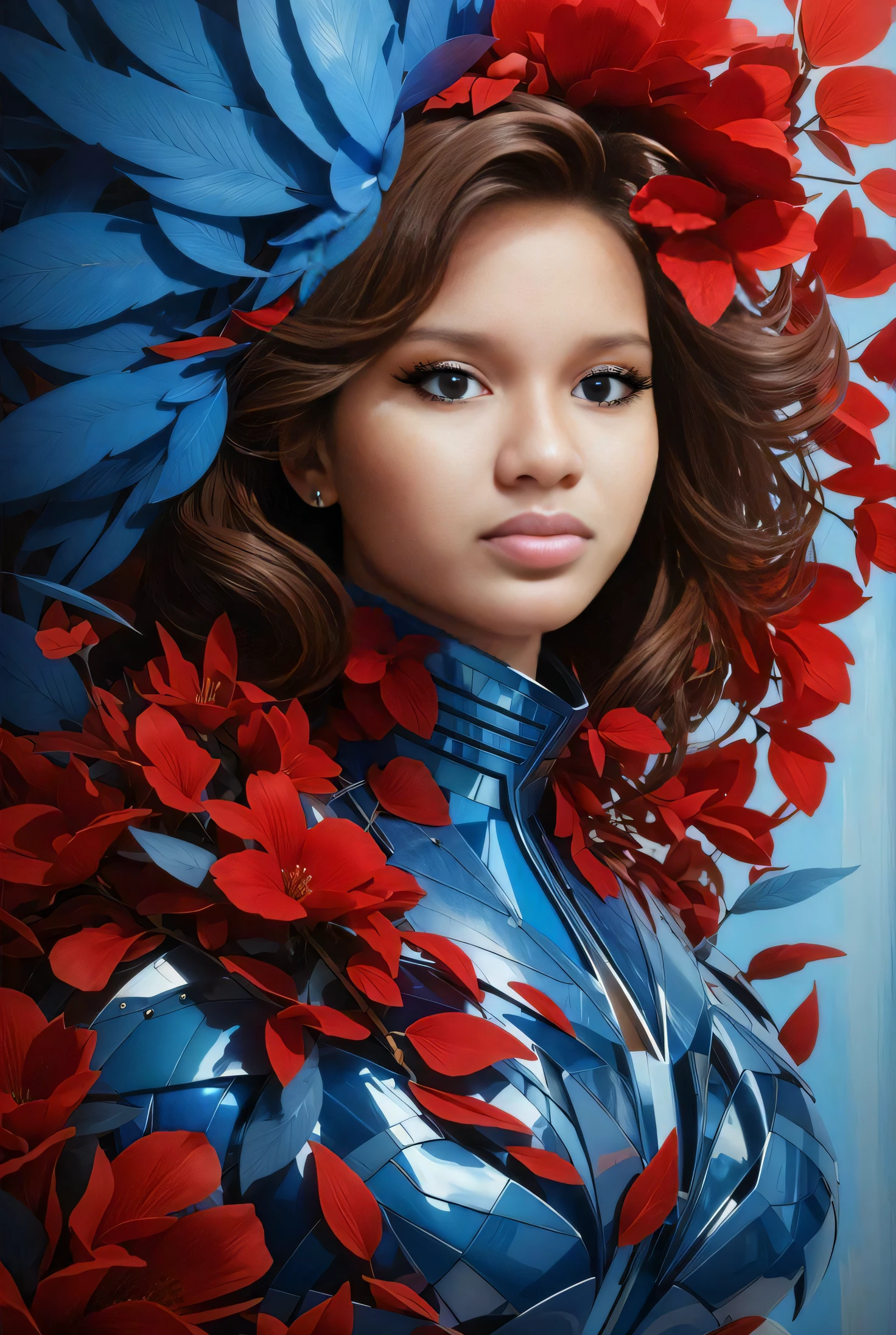 um close up de uma mulher em um traje azul e vermelho, tipo cyborg menina com flores, Alena Aenami e Artgerm, Perky woman made of petals, Tons de Azure e Vermelho, Retrato Sophie Mudd, Retrato de Darna moderno, tons de azul e vermelho, blue - petals, pintura digital brilhante, karol bak uhd, Valentina Embaralhamento
