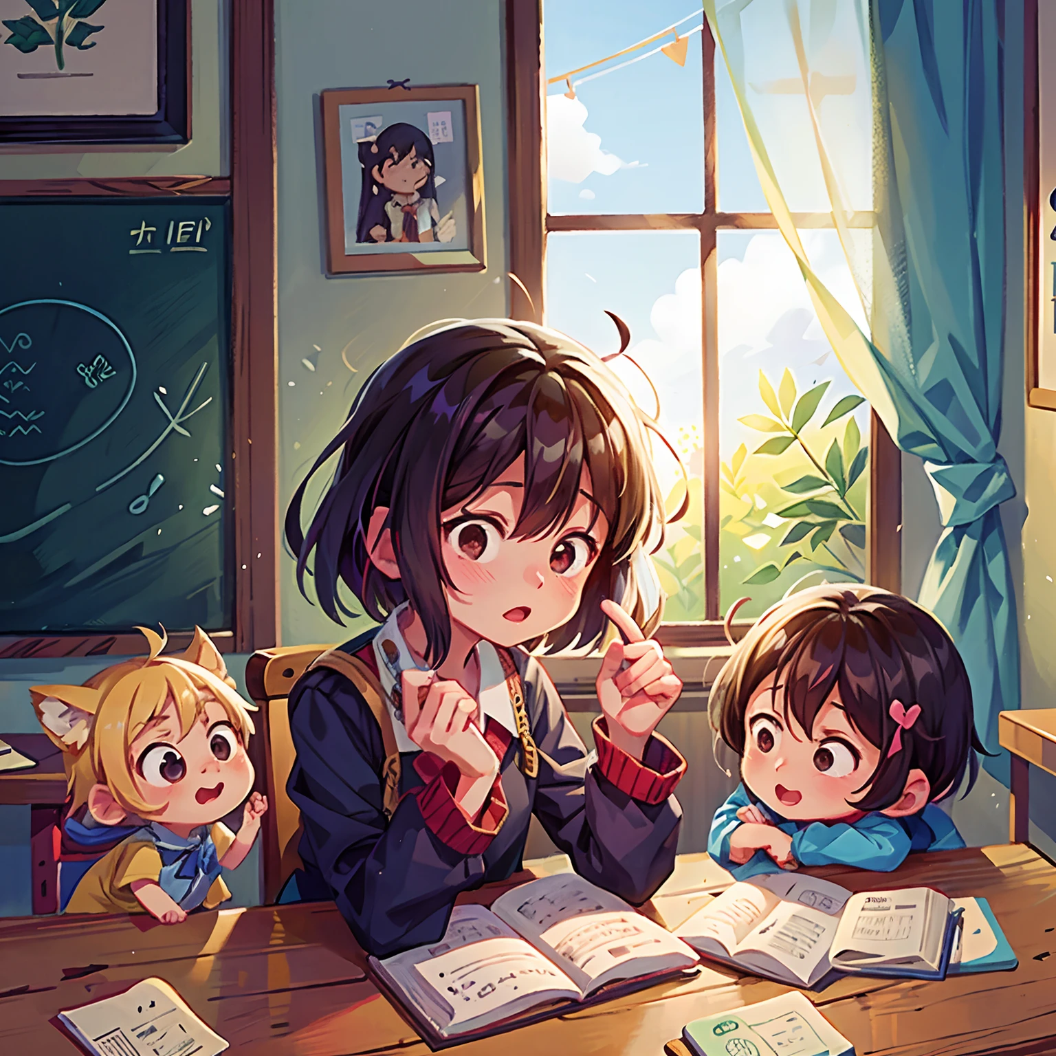 Anime  sitting at a table，There are teachers in front of you, childrens art in artstation, atey ghailan 8 k, author：Zhang Shengqi, typical anime classroom, Classe escolar, author：Lee Jeon-suk, ( ( Makoto Shinkai ) ), studio glibly makoto shinkai, author：yanjun cheng, author：Kim Jong-hee