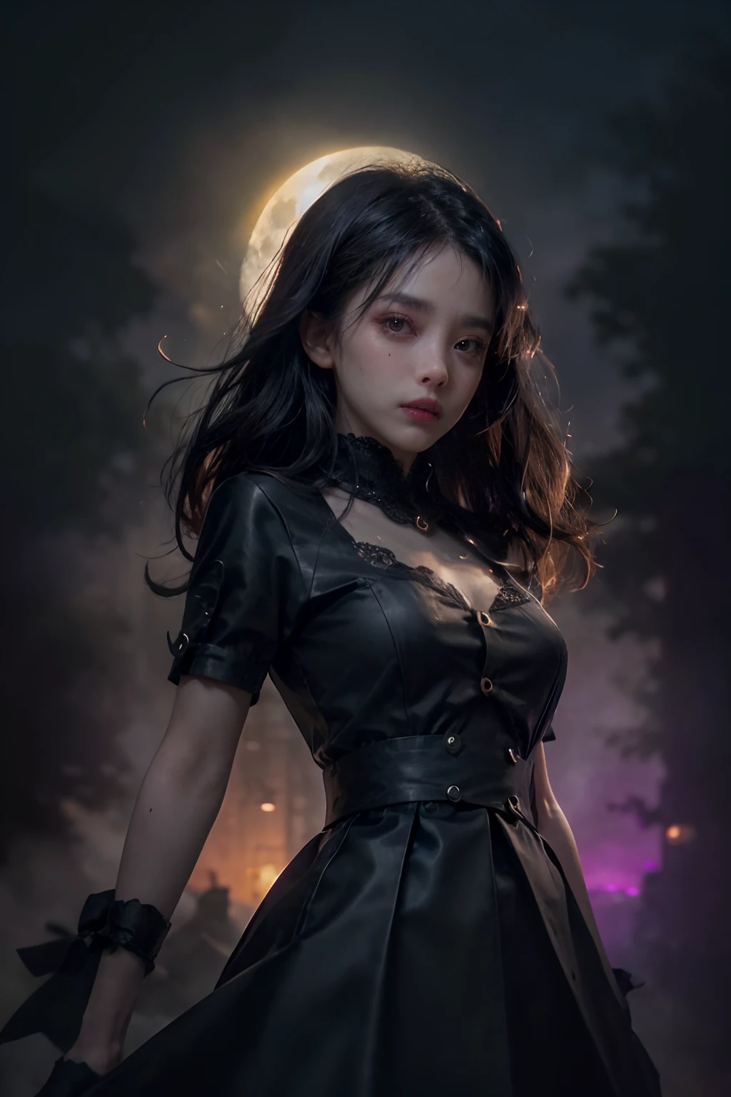 Horror theme, underworld theme, dark element,portrait, realistic high quality masterpiece, (beautiful) Japanese female,sad face, detailed face, age 27, symmetrical eyes,symmetrical face,subtle vampire fangs, violet eyes, wavy long black hair, walking down dark,black magic, foggy, misty, moonlit alley,clouded quarter moon in sky in background, moonlit,with fog and shadows, spooky,nightime,cinematic lighting,dressed conservatively, wearing a deep purple lace top & double breasted coat black (buttoned up) closed coat black, medium length black skirt black., fix hands, detailed lips