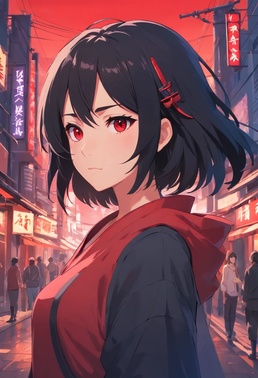 Black color hair,red color eyes,ninjartist,Blackn clothes,red decoration,assassins