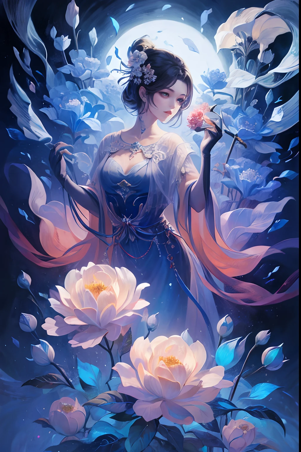 [Tarot cards:1.4]，Symmetrical up and down，Kizi，full bodyesbian，Fold your hands，Flowers bloom，（Extremely detailed:1.1），tmasterpiece，super-fine，best qualtiy，8K