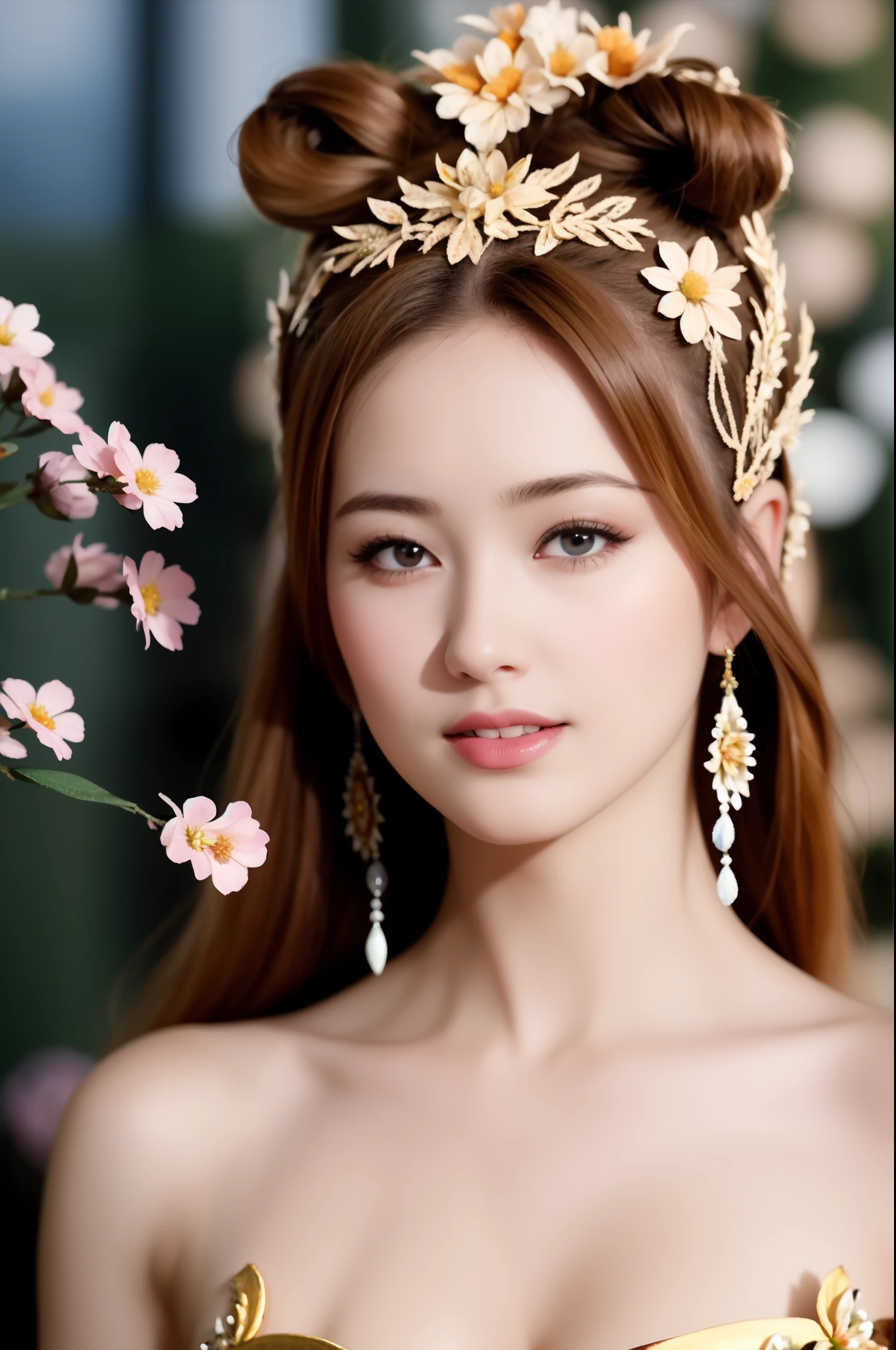 A girl with rosy cheeks and glowing skin, beautiful detailed eyes, and luscious long eyelashes. Detailed lips. She is wearing a flowing dress with vibrant colors, surrounded by a vibrant garden full of blooming flowers. The sunlight gently illuminates her face, casting a warm and inviting glow. The artwork is created using a combination of oil painting and photography, resulting in a visually stunning masterpiece. The image quality is of the highest level, with ultra-detailed features and a realistic, photorealistic representation. The colors are vivid and vibrant, bringing the scene to life. The lighting is soft and warm, emphasizing the girl's natural beauty and the serene atmosphere of the garden. Have a big breasts with exposed nipple and slender abs