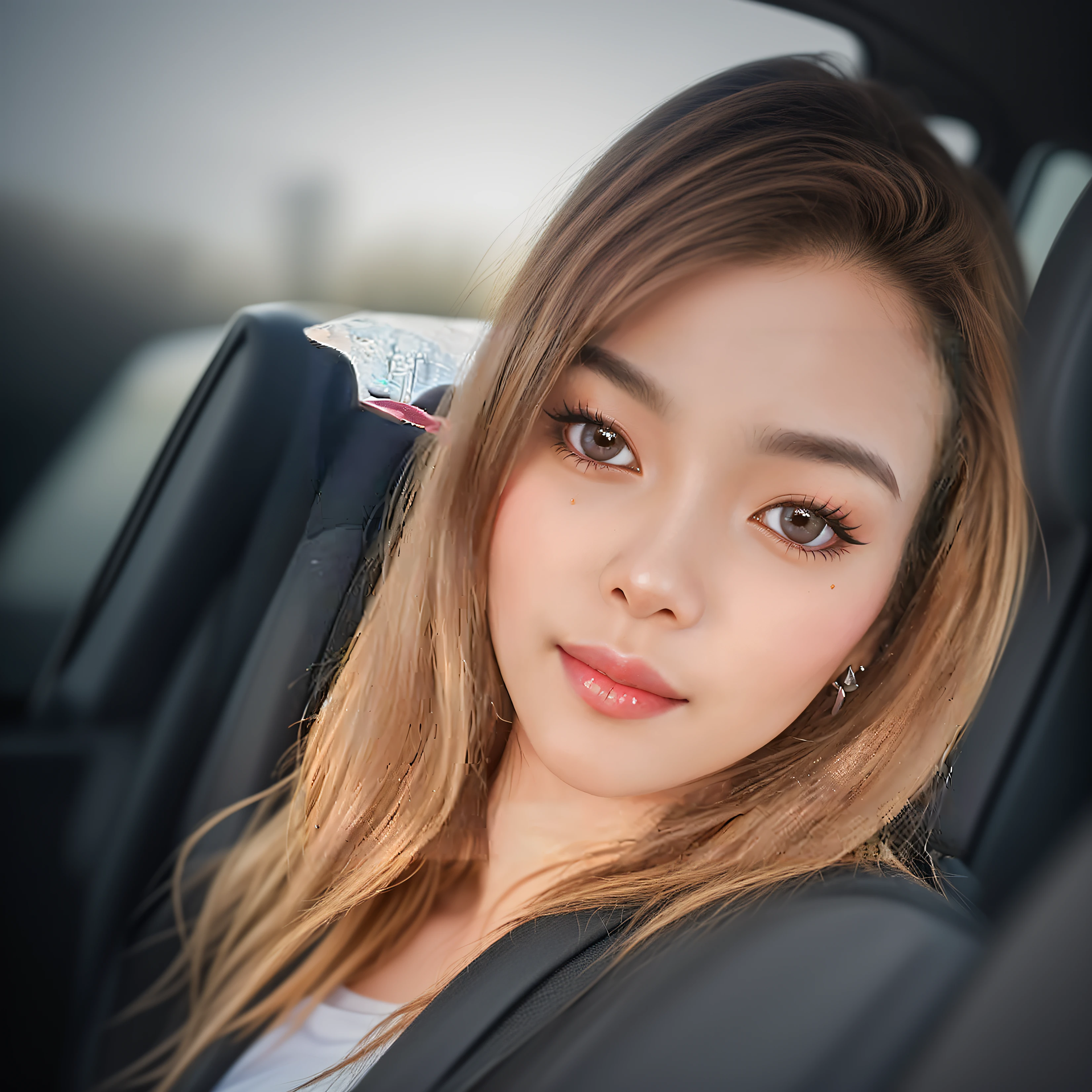 in the car,1 girl,36 years old,night, (medium shot portrait:1.3), dramatic light, Rembrandt lighting scheme, (hyperrealism:1.2), (8K UHD:1.2), (photorealistic:1.2), shot with Canon EOS 5D Mark IV, detailed face, detailed skin texture