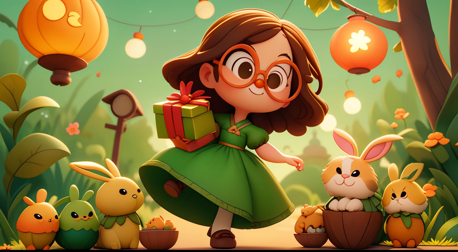 1woman,brunette color hair,dressed in a green dress,green eye glasses, giving a gift,Outdoor on the street,There are lanterns,lanterns,There are moons,A small number of rabbit dolls,((Mid-Autumn Festival)),Cartoony,pixar-style,3D,Cartoony,(Masterpiece,Best quality,Rich in intricate details)