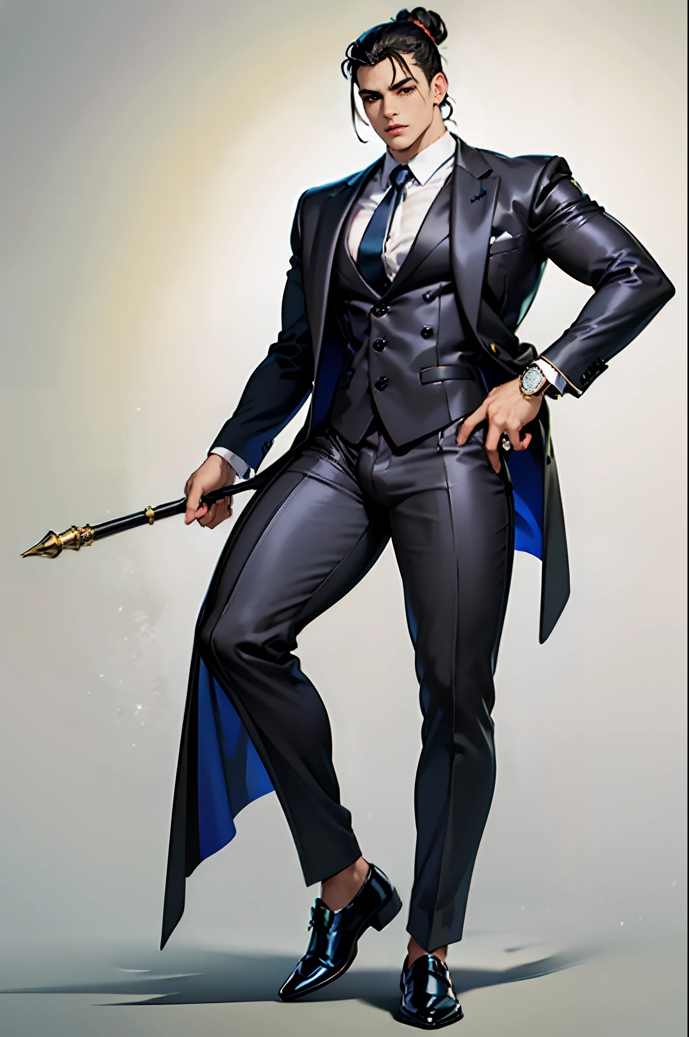 (((((full-length portrait of an androgynous beautiful and muscular femboy gangster wearing tight form-fitting suit and slick tie, with long curly black hair tied into a tight profissional manbun))))), full body, solo, muscular, bodybuilder, strong, (((((thick thighs))))), thunder thighs, big butt, huge ass, bulge, big pecs, large pectorals, flat chest, femboy, girly boy, otoko no ko, androgynous, ambiguous gender, suit and tie, mafia, mobster, gangster, stylish, trendy, confident, tanned skin, delicate face, thick eyebrows, long eyelashes, eyeliner, freckles, long nose, straight nose, thick lips, curly hair, curled hair, ringlets, curly bangs, bun, manbun, polished dress shoes