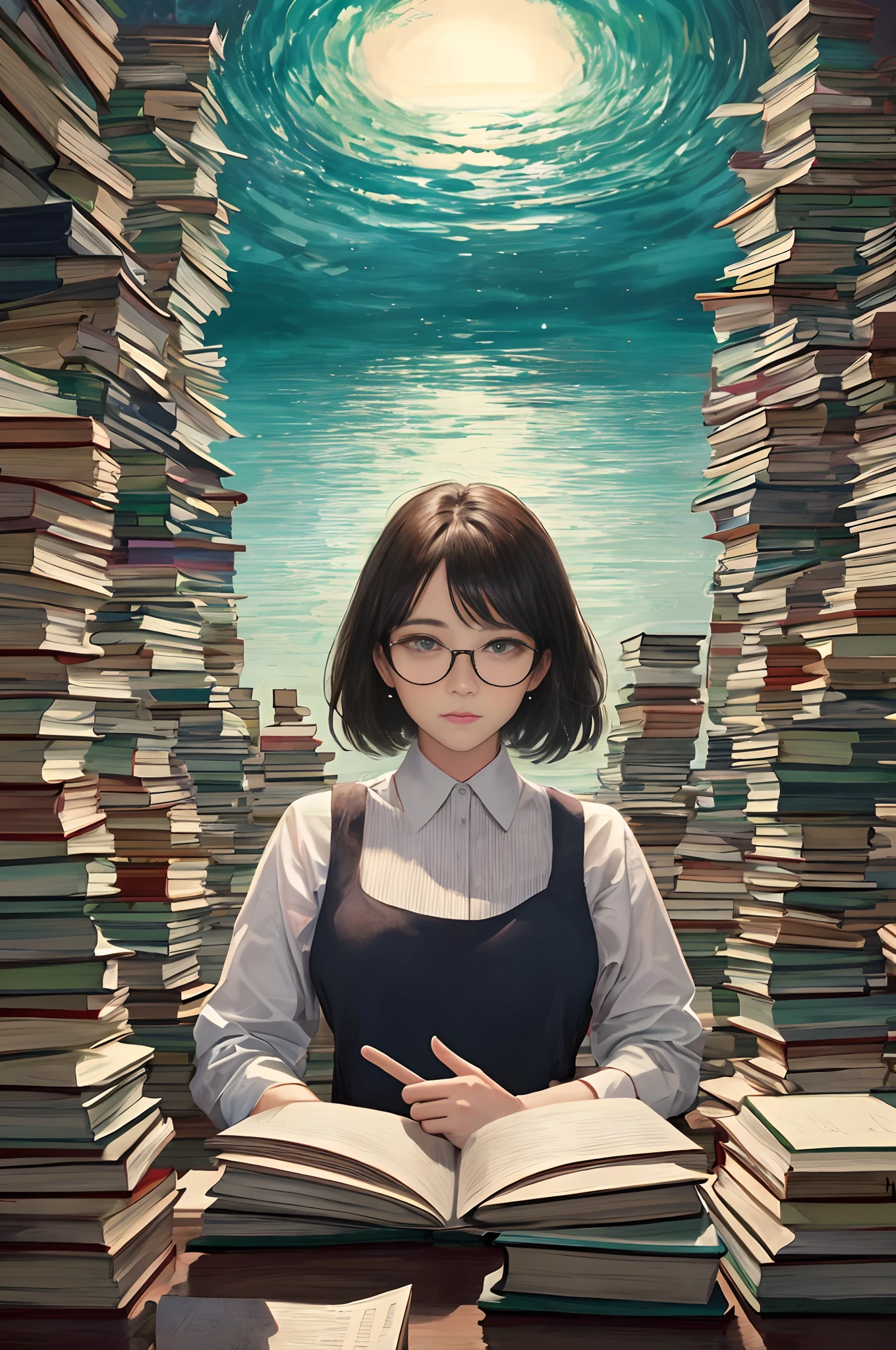 trippy art,A 40-year-old teacher, Teacher, Wearing glasses, (Surrounded by a dozen books:1.4), upper body lens,the sea,wave,knowledge,book