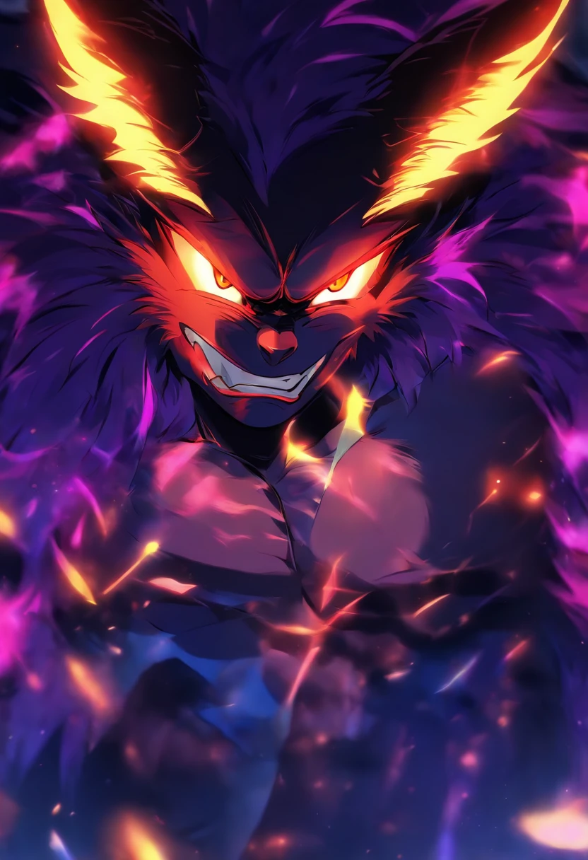(dark background,intense gaze,muscular physique,colorful fur,surreal lighting,artistic rendering,bold colors,dynamic pose,high contrast,sharp details,striking composition,vibrant saturation,impressive depth,emotive expression,rich textures,luxurious highlights,ethereal atmosphere,exquisite brushwork,dramatic shadows,expressive gestures,mesmerizing eyes,energetic movement,luminous glow,provocative angles) Male anthropomorphic furry, fluffy big tail, demon horns, hot, attractive, Nsfw, naked, wearing a fedora,