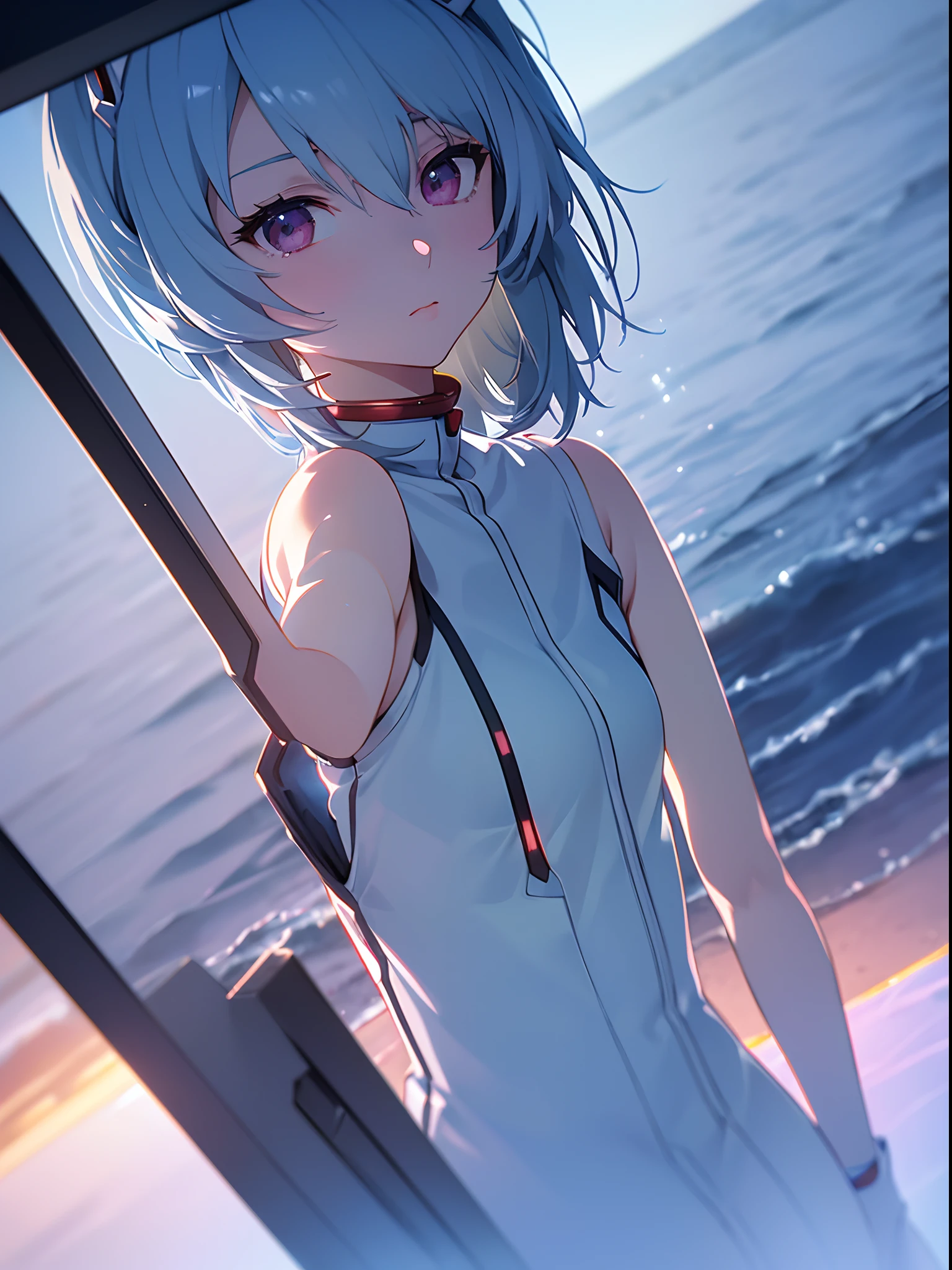 (((ayanami rei))),1girl,solo,(masterpiece,best quality, official art, beautiful and aesthetic:1.2),(ultra high res, (4k),beach,good lighting, (photon mapping, radiosity, physically-based rendering,automatic white balance), technological sense,Amazing,sharp focus,rich background, (((high detailed skin,)))dynamic lighting,intricate detailed outfit,kawaii,watery eyes,((short hair,))deadpan, skiny,  turtle neck, body suit, mechs,(masterpiece sidelighting),(bishoujo,lustrous),(sky blue hair,pink eyes,）[[delicate fingers and hands:0.55]::0.85],(detail fingers),((((distant view,wide-angle lens,selfie)))),incredibly absurdres,micro shot,focus on face,sunset, (aesthetics and atmosphere:1.2), FilmGirl