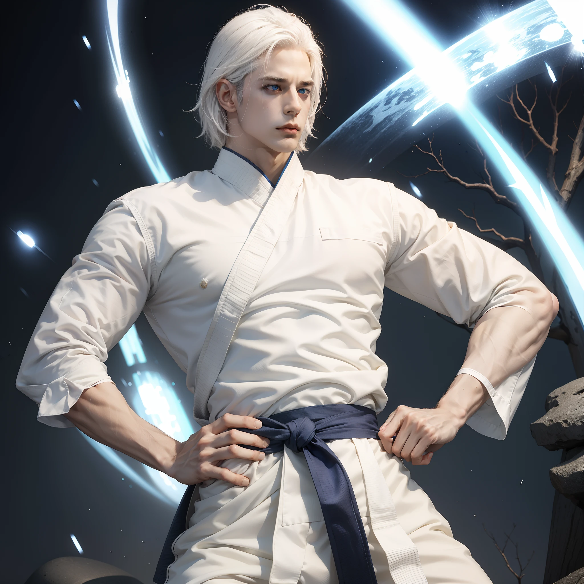 one handsome man, beautiful white hair, muscle, blue eyes, posing ,white- yellow martial arts clothes, one hand raised in front, the other one hand placed on the hip, the aura pulsed