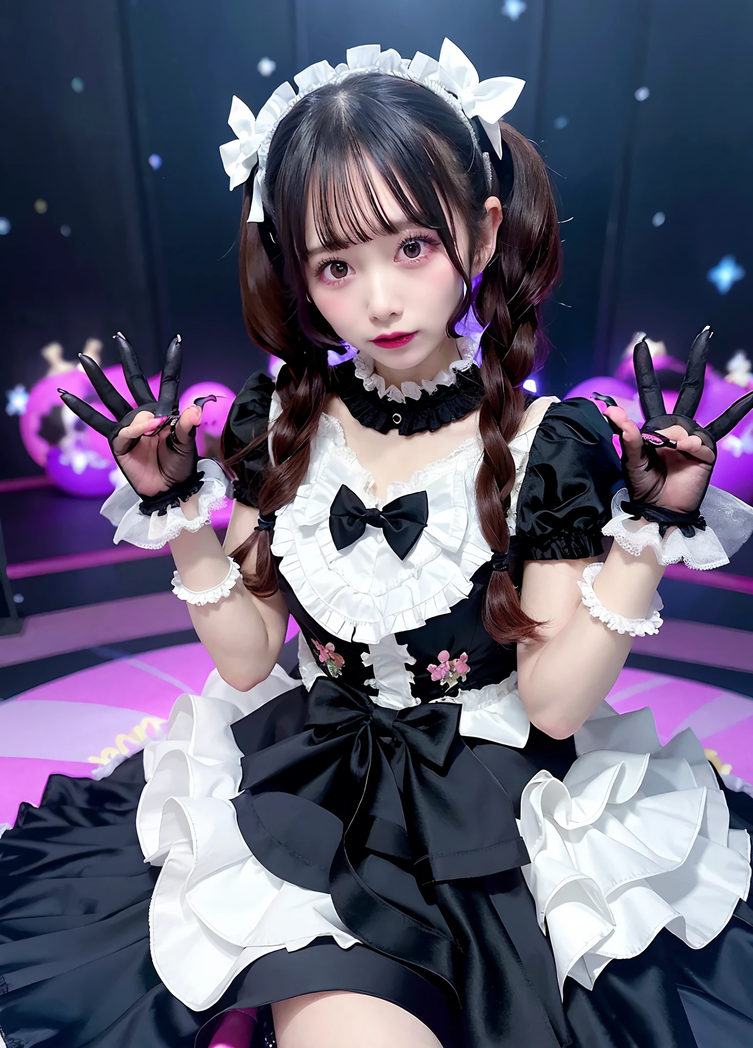 Woman in black satin dress posing for photo, angelic pretty, Belle Delphine, fairycore, kawaii decora rainbowcore, portrait of the magical Lolita girl, Lolita style, y 2 k cutecore clowncore, cutecore, Lolita Fashion, by Ayami Kojima, kinomoto sakura, Satin costume with frills, Lori, juri misaki