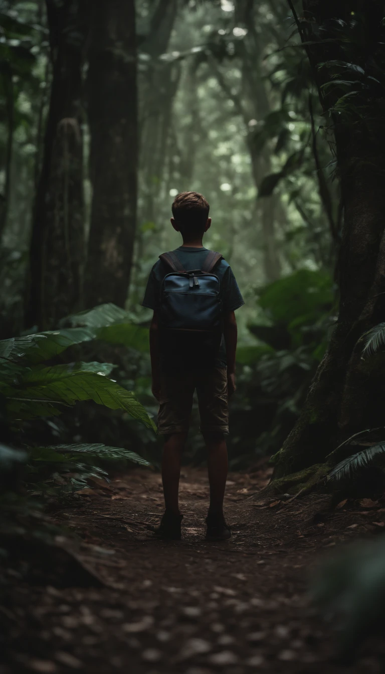 Hunted mention, a boy standing front of hunted mention with bagpack, dark, YouTube thumbnail, one boy, hunted house, dark moody, realistic, 4k,render,house in middle of the jungle, horror