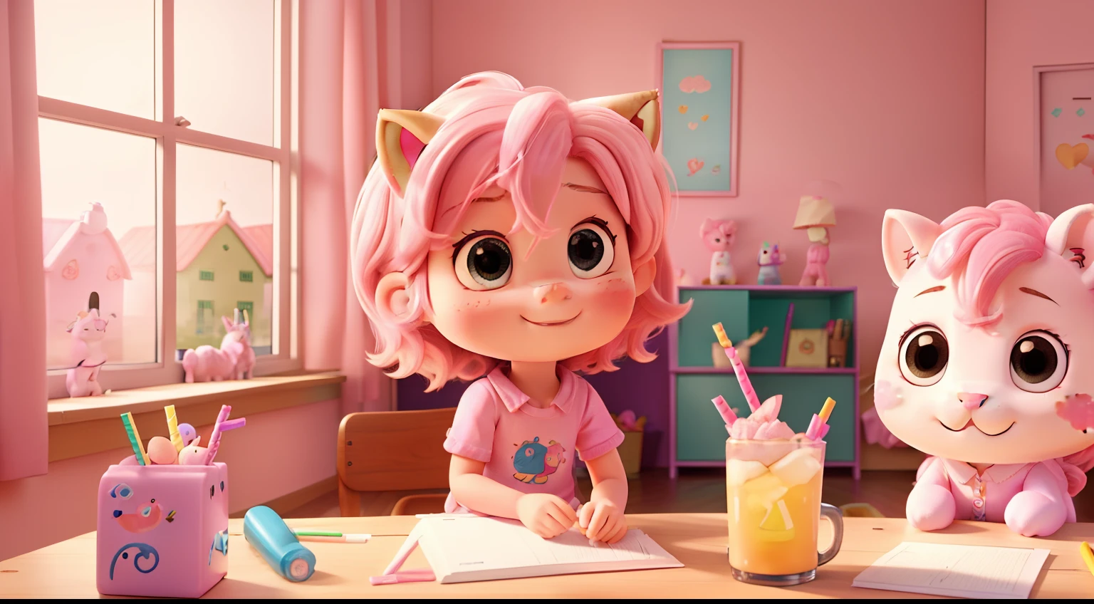 inside in room 7 year old girl Together with animals Pink hair short hair Colorful and pop room cute little Drawing on the desk Cute drinks Stuffed unicorn catss window