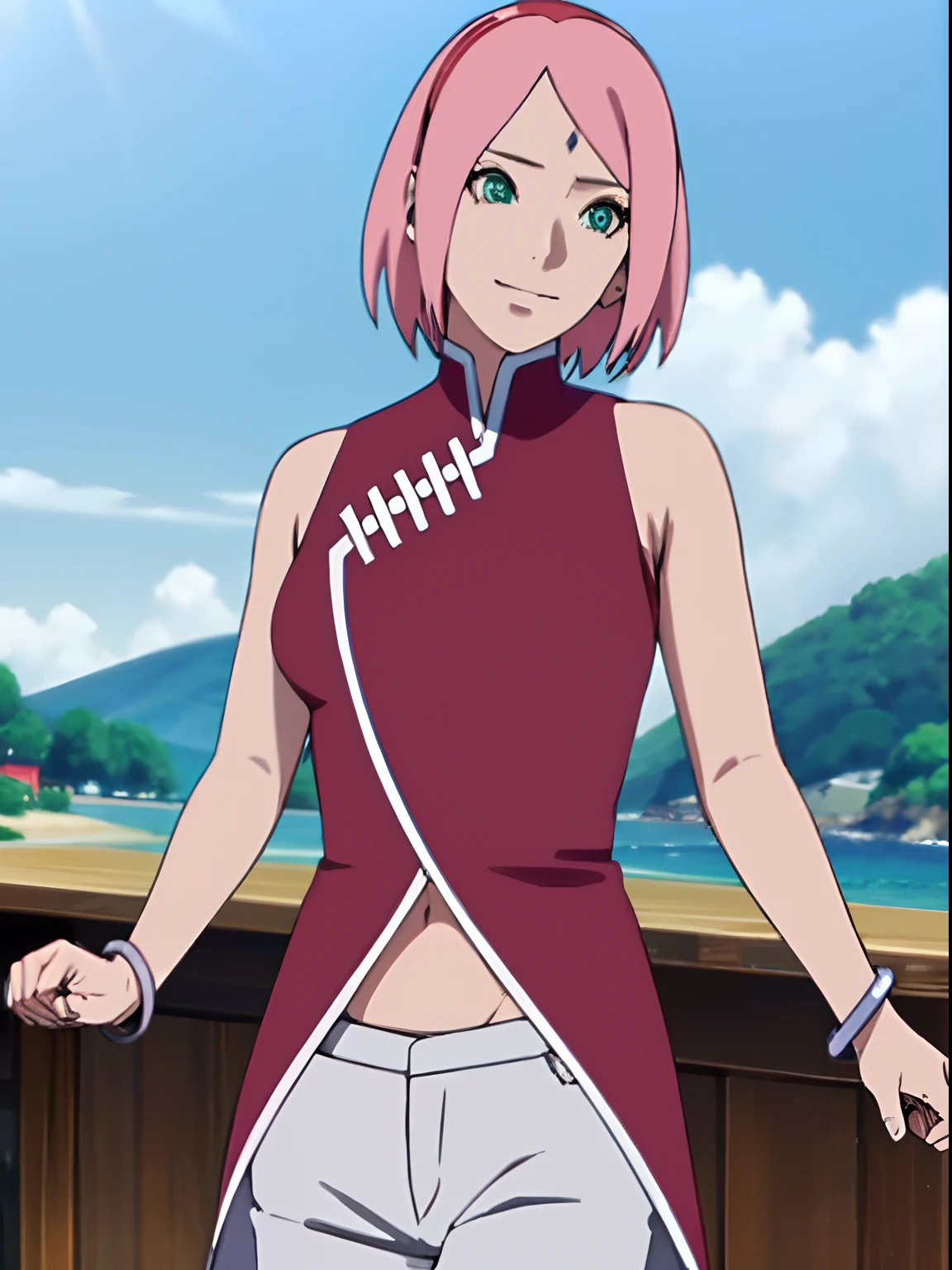 masterpiece, 4k, portrait, cowboy shot, (PLAYGROUND BACKGROUND), professional artwork, intricate details, colorful, digital blending, (ultra detailed body, ultra detail hair, ultra detail face), trending on pixiv, kind smile, best quality, anime style: 1.9, 1girl, hires, haruno sakura, (forehead mark, milf, red hairband, pale skin, (small breasts), short hair, ((red sleeveless dress,), white pants), ((navel, belly button), slender body, slender belly, bracelet, pink hair, open mouth, big eyes), smile, beach, wind, floating hair, detailed arms, off-shoulders, broad shoulders, (((both) hands spreading to both sides)), fancy couch, relaxing, laying, talking, looking at the viewer)))