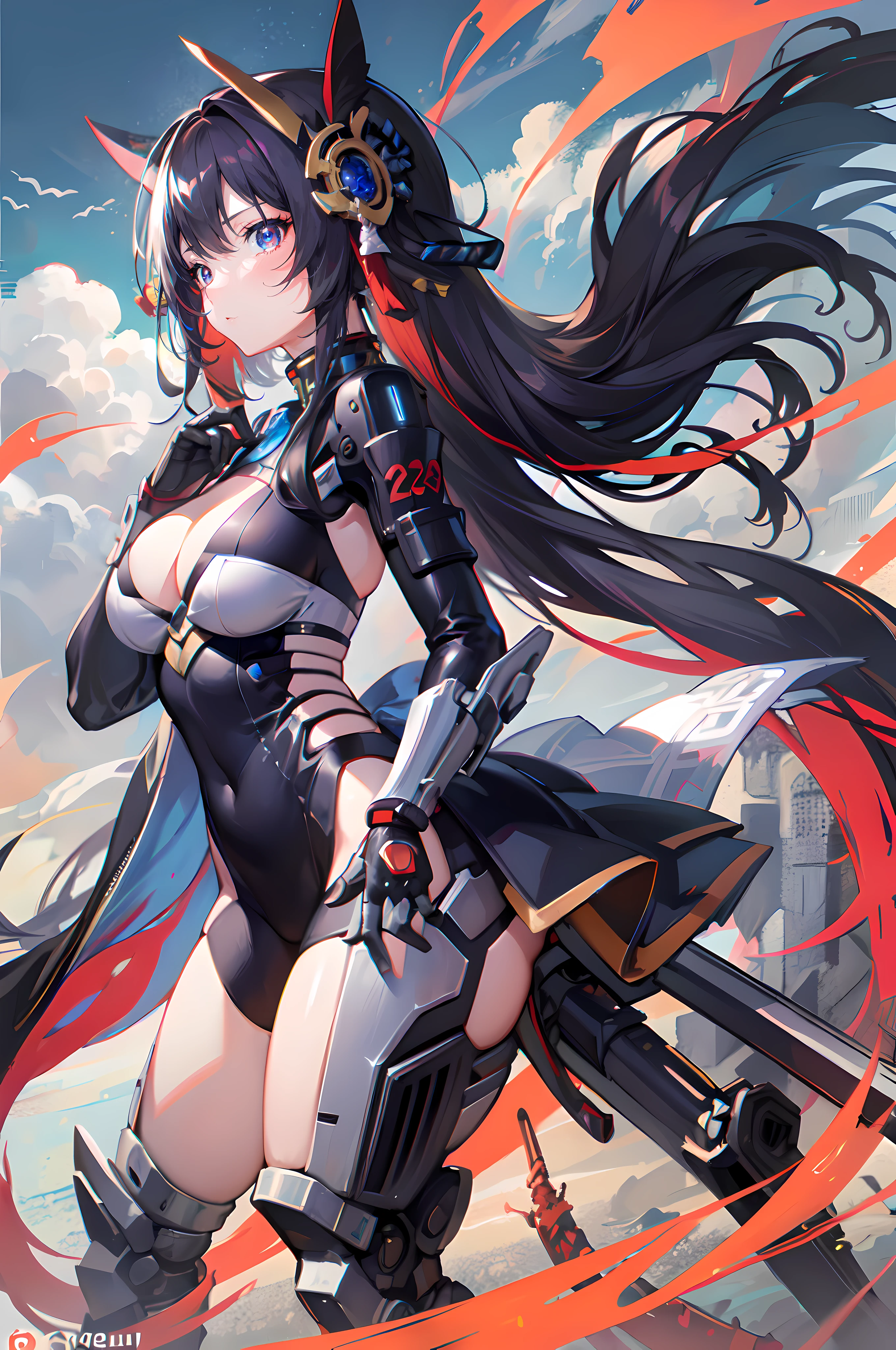 anime girl, wide shot, background ocean of clouds, CyberRonin, (Cyber-Samurai:1.2), girl, mecha, 8k, high resolution,