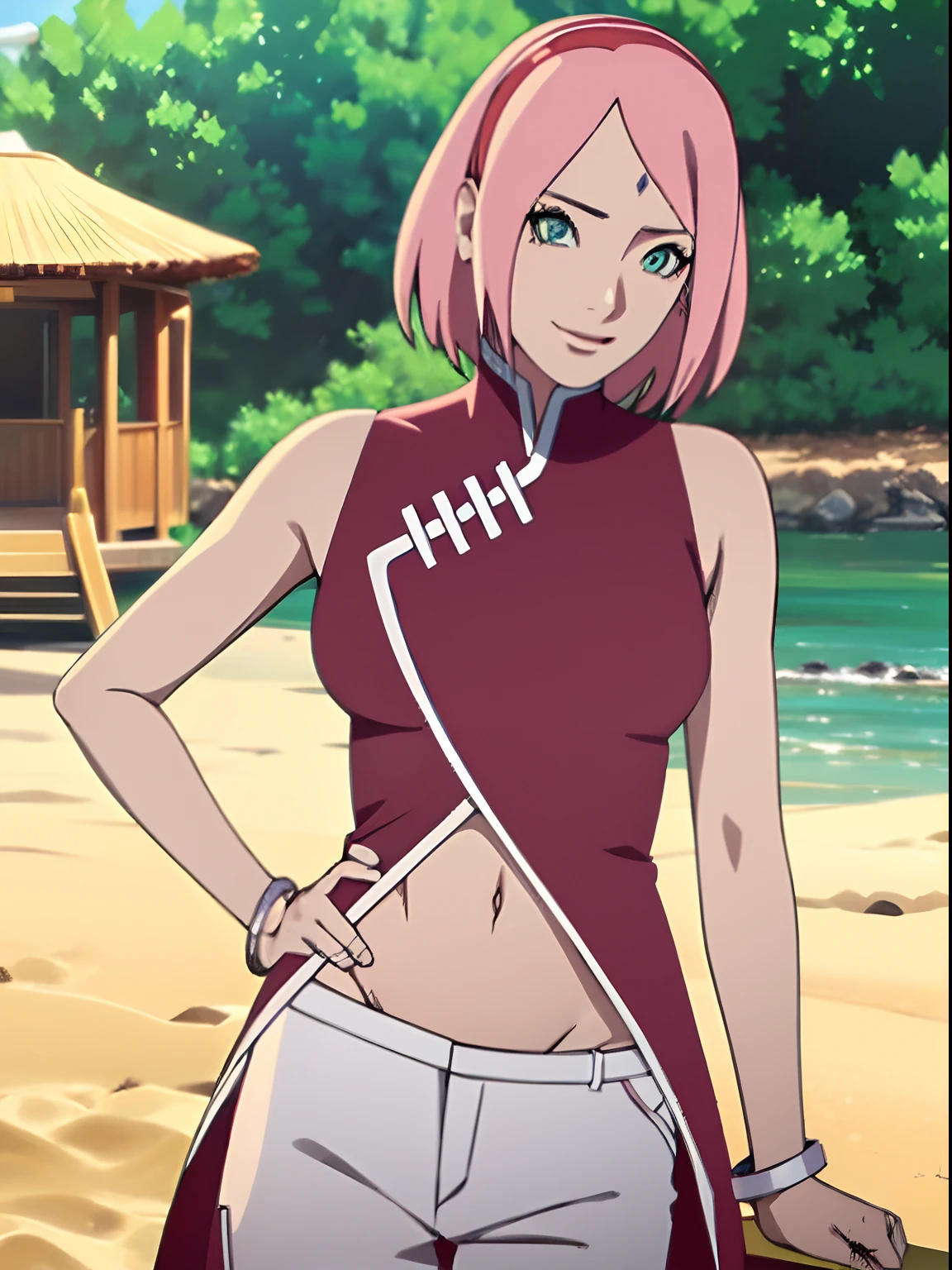 masterpiece, 4k, portrait, cowboy shot, professional artwork, detailed beach background, intricate details, colorful, digital blending, (ultra detailed body, ultra detail hair, ultra detail face), trending on pixiv, kind smile, best quality, anime style: 1.9, 1girl, hires, haruno sakura, (forehead mark, milf, red hairband, pale skin, small breasts, short hair, ((bare neck, red (micro) bikini top, (bikini top only)), white pants), (navel, belly button, bracelet, pink hair, closed mouth, big eyes), smile, beach, wind, floating hair, detailed arms, off-shoulders, broad shoulders, (slightly muscular arms, slightly strong biceps), (dirty armpits, armpit pocket), standing)