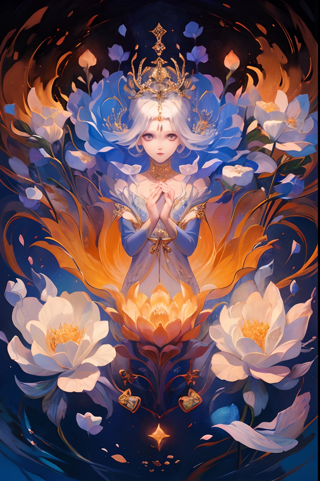 [Tarot cards:1.4]，Symmetrical up and down，Kizi，full bodyesbian，Fold your hands，Flowers bloom，（Extremely detailed:1.1），tmasterpiece，super-fine，best qualtiy，8K