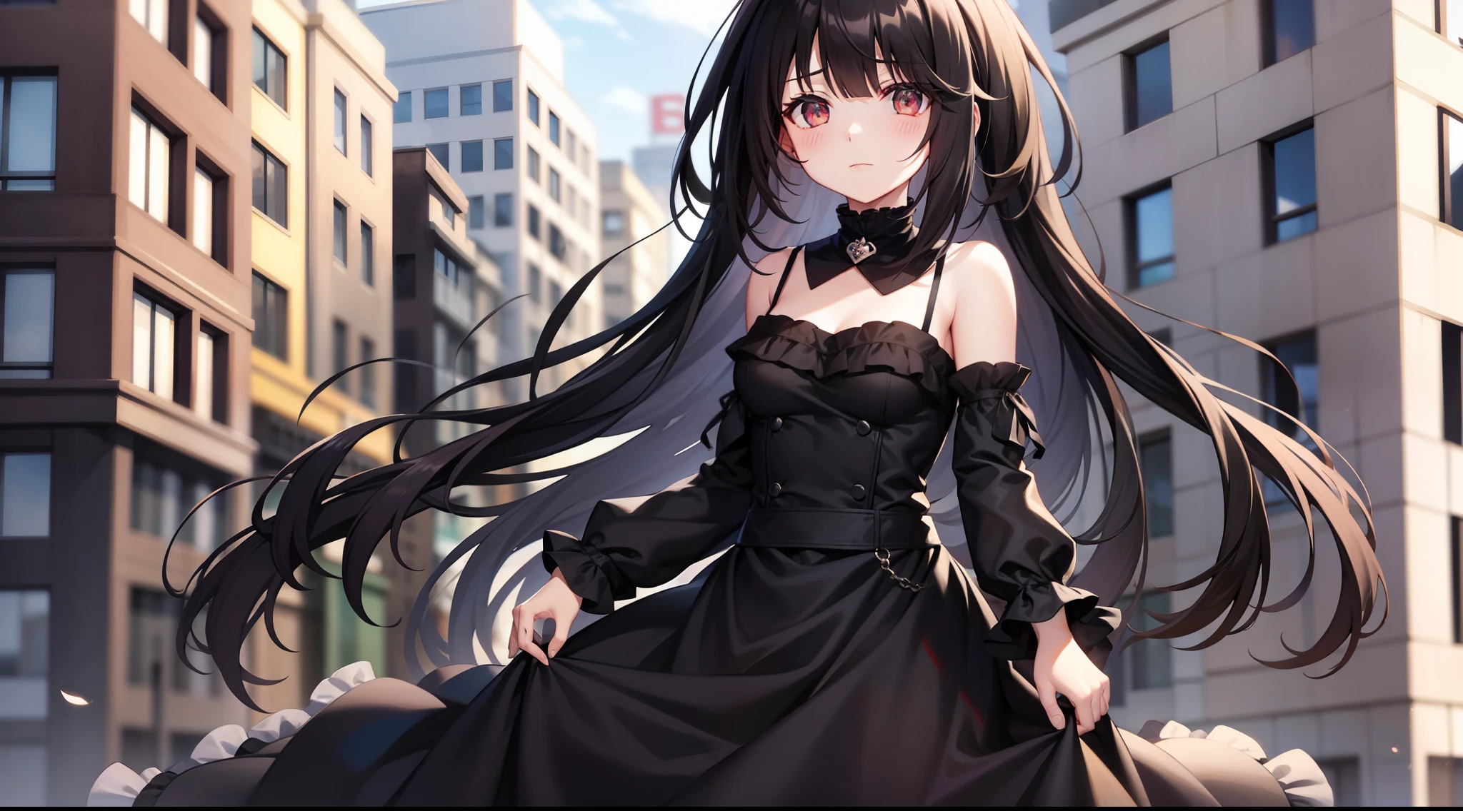 {1girl}, {hair_over_one_eye}, {black_hair}, {solo}, {outdoors}, {building}, {black_dress}, {long_sleeves}, {dress}, {long_hair}, {tokisaki_kurumi}, blush, depth_of_field, blurry_background, looking_at_viewer, hair_bow, city