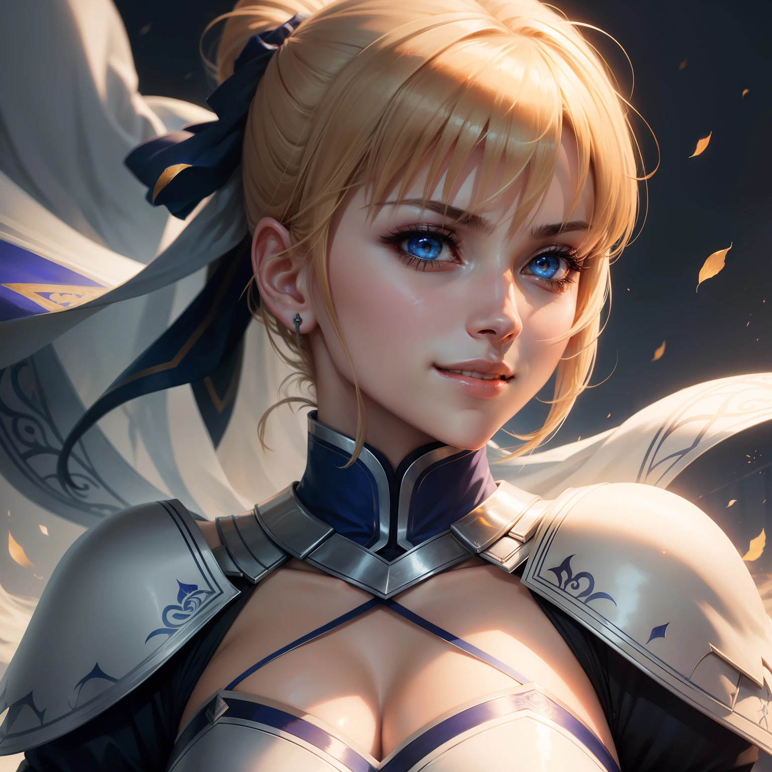 Saber from fate,fate series,anime, beautiful face, High quality, beautiful background, beautiful eyes, smiling,