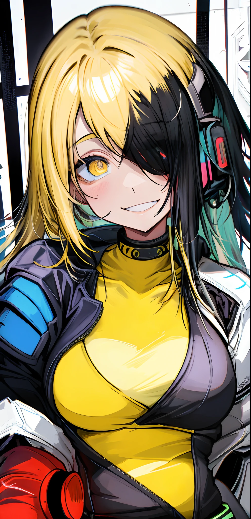 (obra maestra, La mejor calidad), trasero, Closeup, fondo, (cyberpunk oscuro), colores vibrantes, neon, highest qualityr, Detalles asombrosos, Arte lineal, de colores, ambiente oscuro,chica hermosa,ojos brillantes, cuerpo completo, sonriendo,